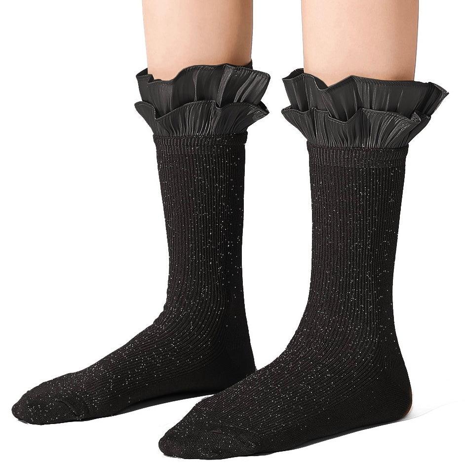 Pink Satin Ruffled Lace Cotton Socks Black/Grey - Uniqvibe