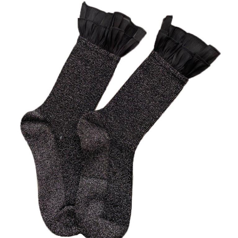 Pink Satin Ruffled Lace Cotton Socks Black/Grey - Uniqvibe