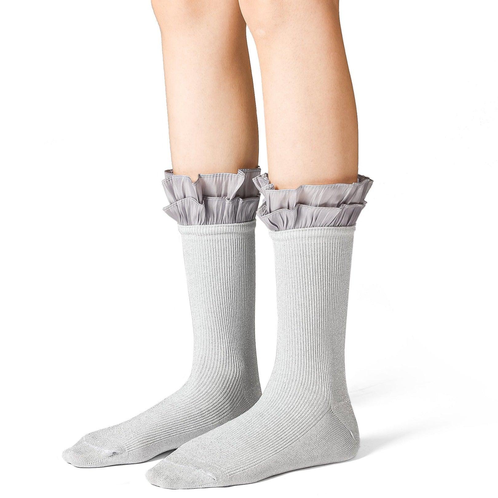 Pink Satin Ruffled Lace Cotton Socks Black/Grey - Uniqvibe