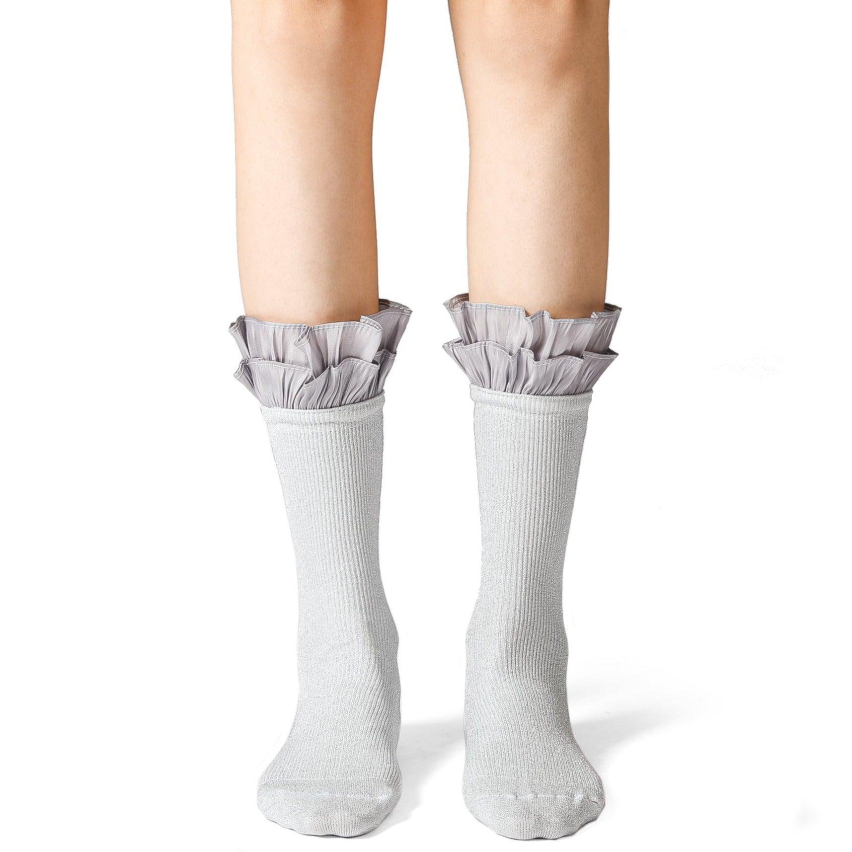 Pink Satin Ruffled Lace Cotton Socks Black/Grey - Uniqvibe