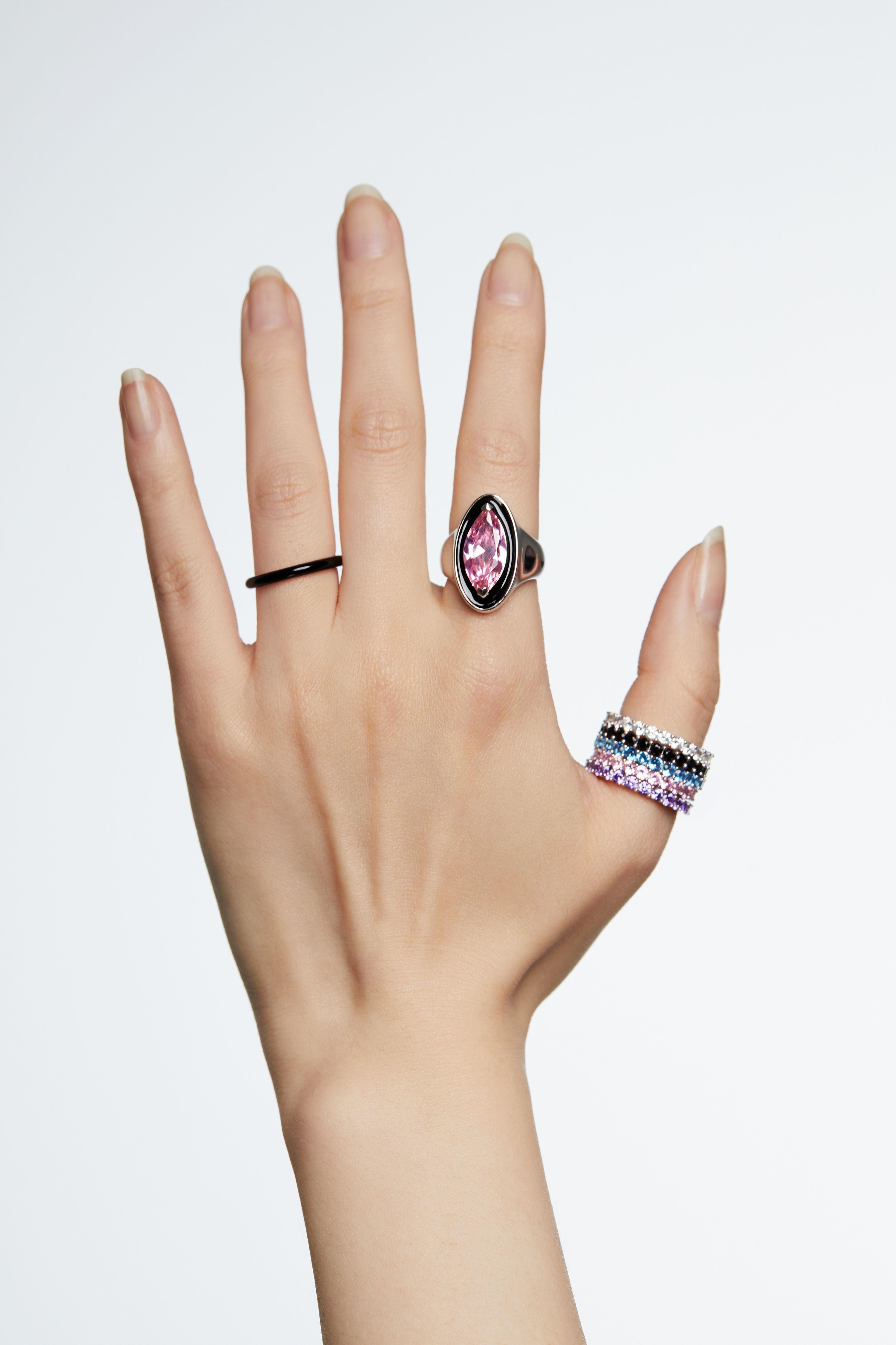 Pink Zircon Black Enamel Vertical Pupil Open Ring - Uniqvibe