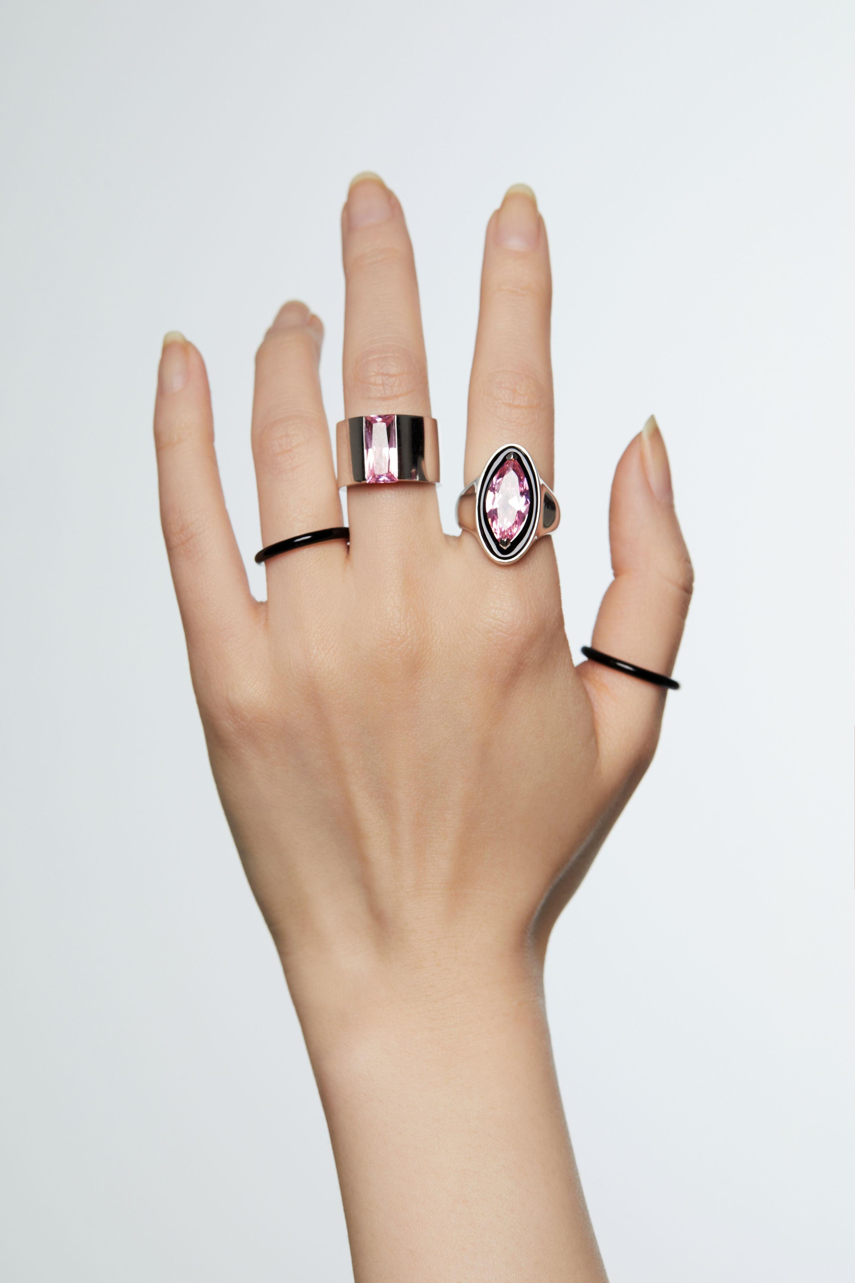 Pink Zircon Black Enamel Vertical Pupil Open Ring - Uniqvibe