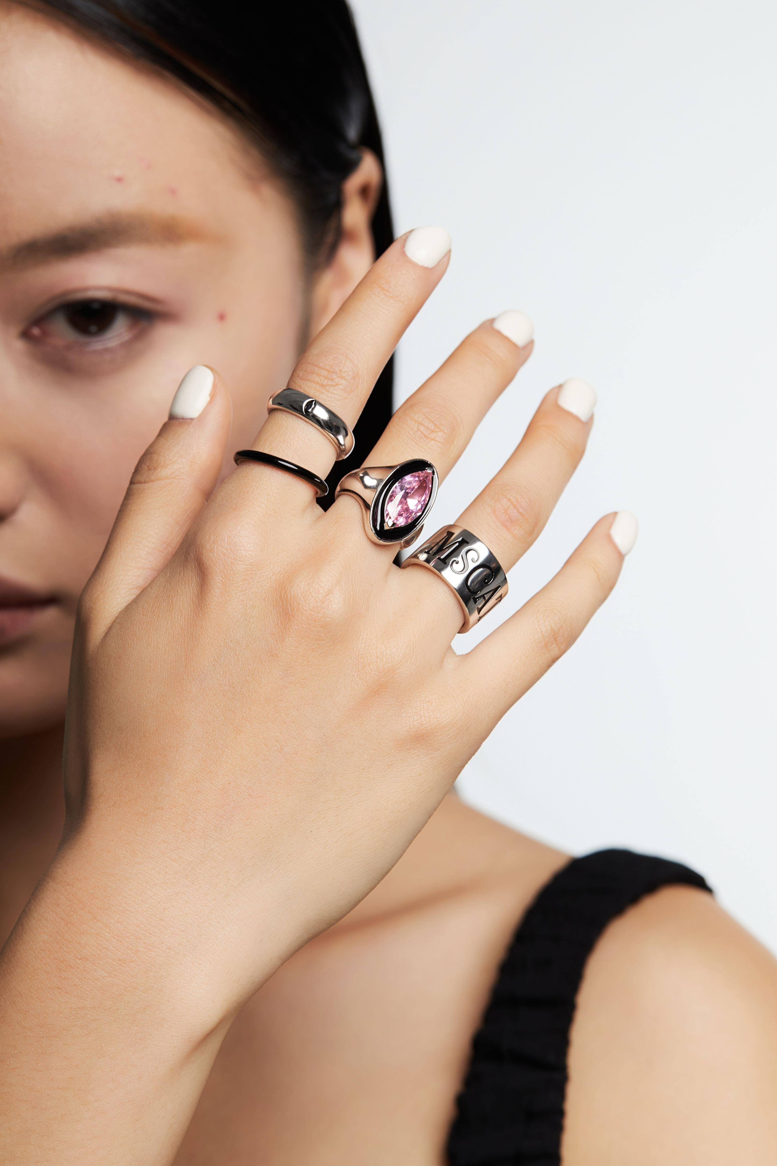 Pink Zircon Black Enamel Vertical Pupil Open Ring - Uniqvibe