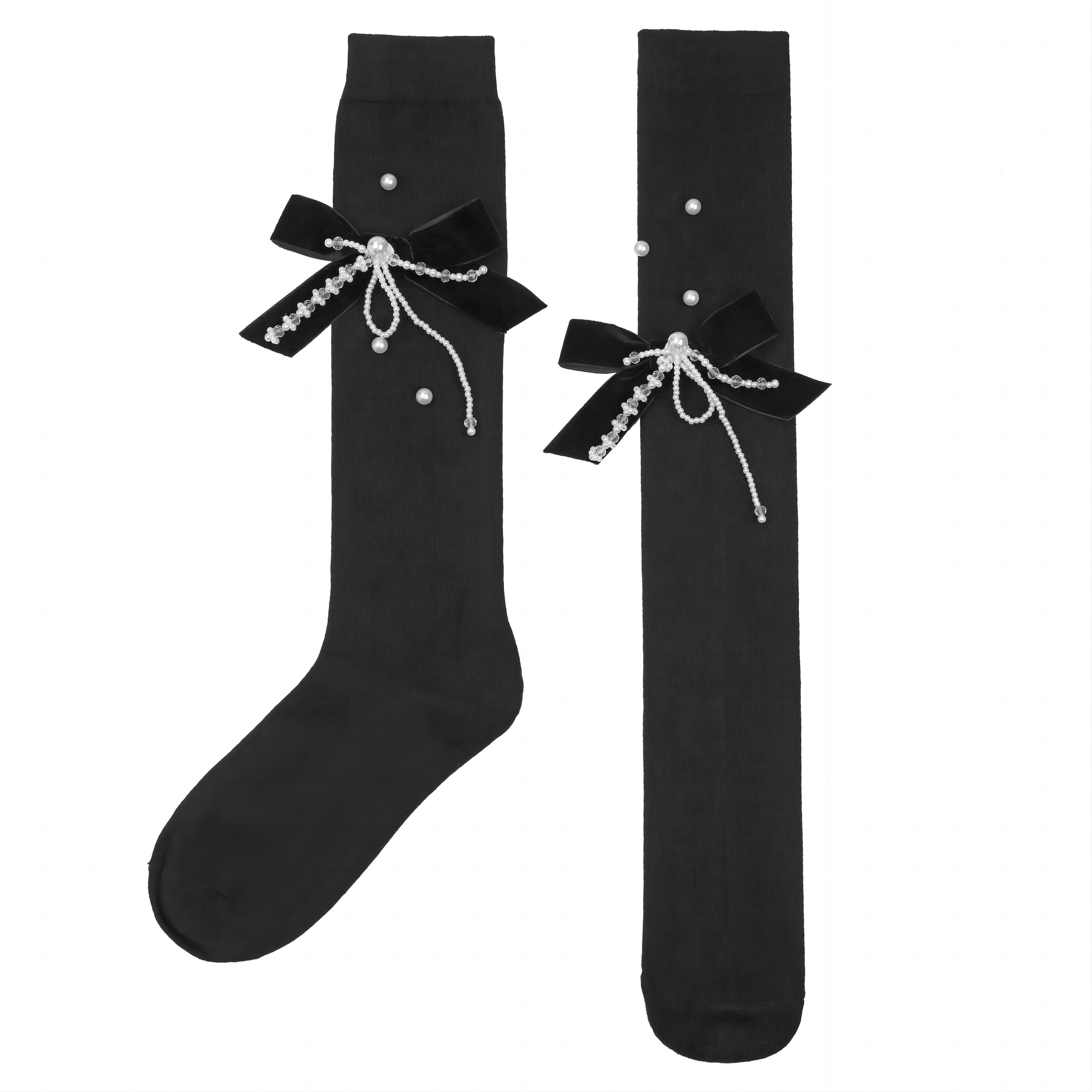 Velvet Bow Pearl Tassel Cotton Long Socks - Uniqvibe