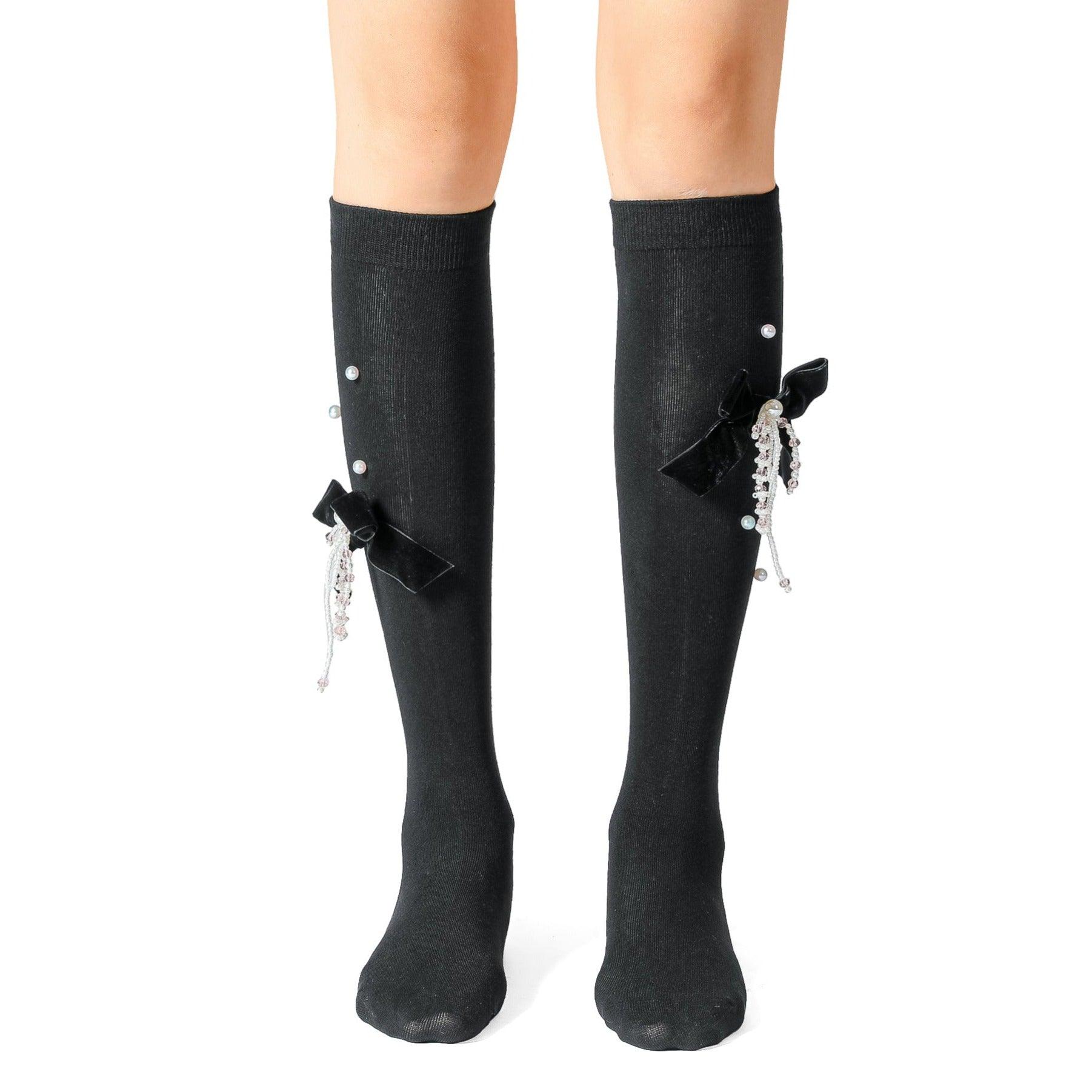 Velvet Bow Pearl Tassel Cotton Long Socks - Uniqvibe