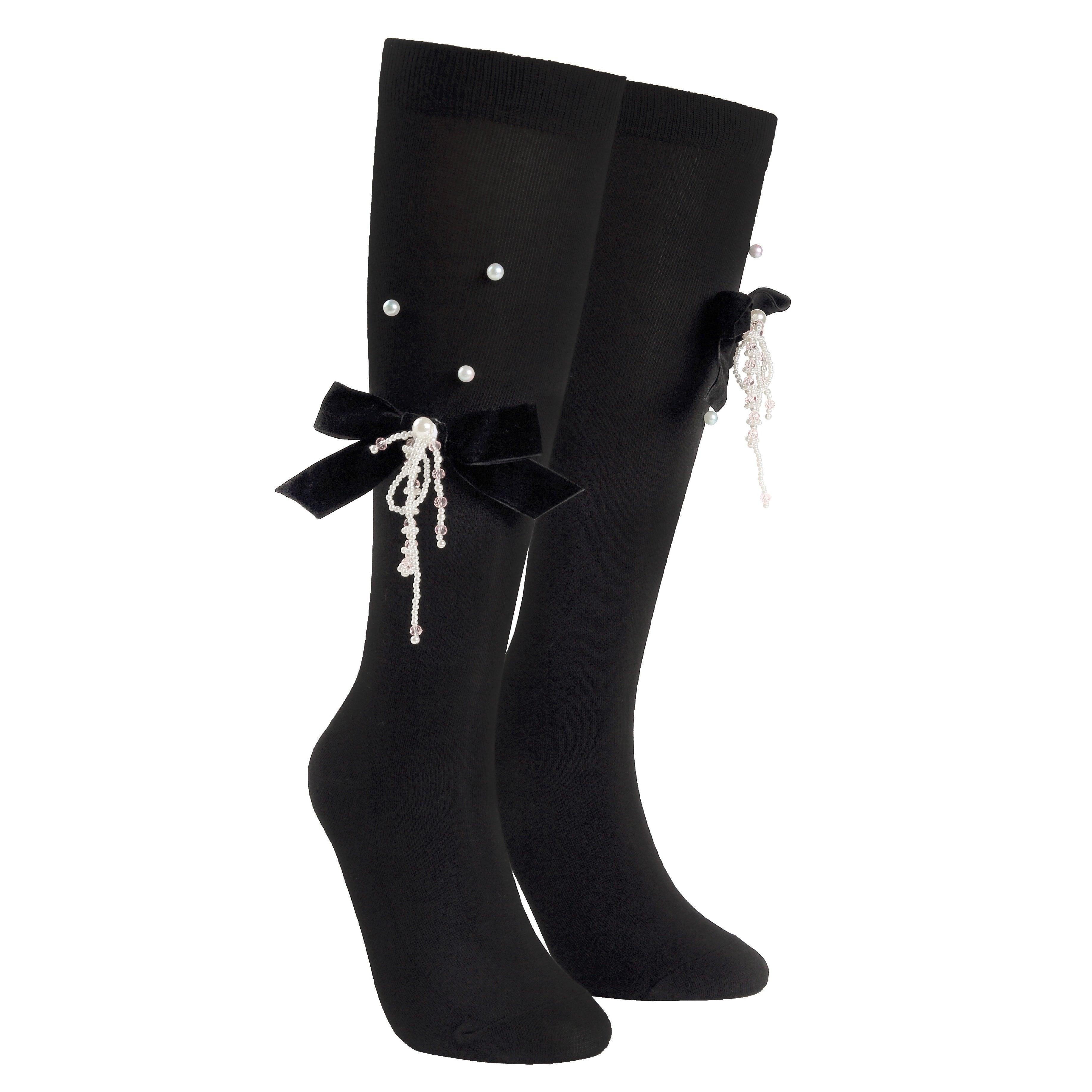 Velvet Bow Pearl Tassel Cotton Long Socks - Uniqvibe