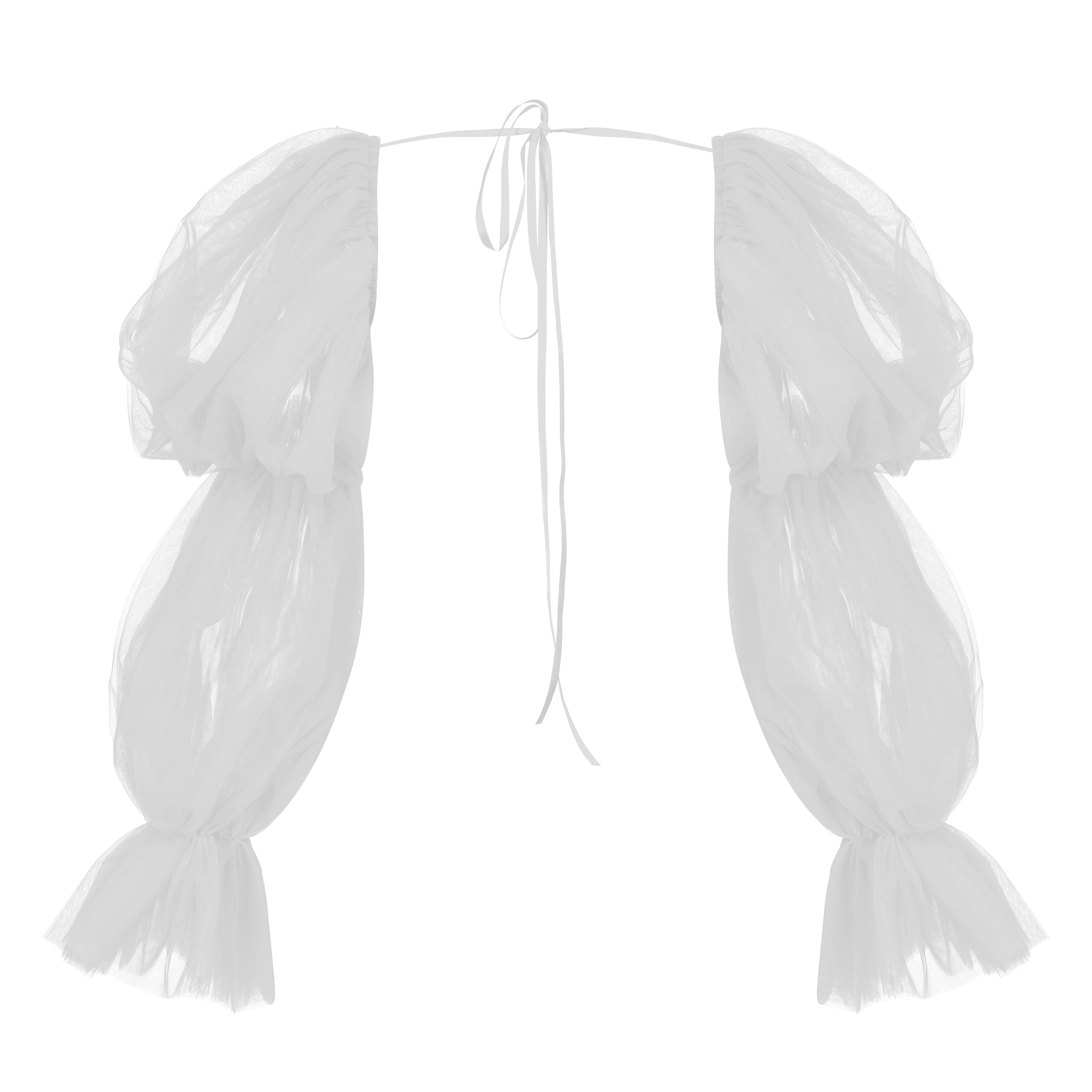White Stretch Section Double Tulle Puff Sleeves - Uniqvibe