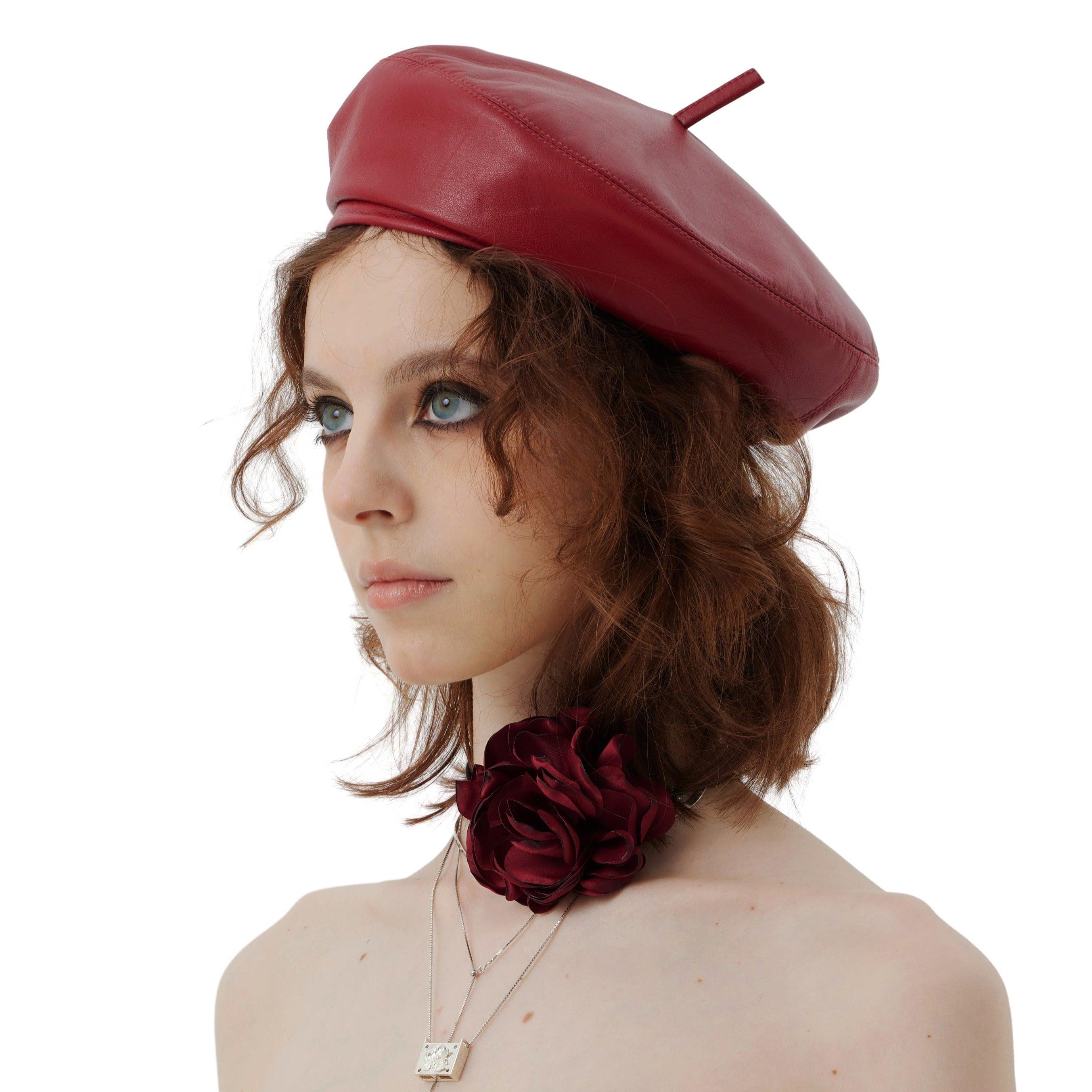 Wine Red/Black Leather Beret Hat - Uniqvibe