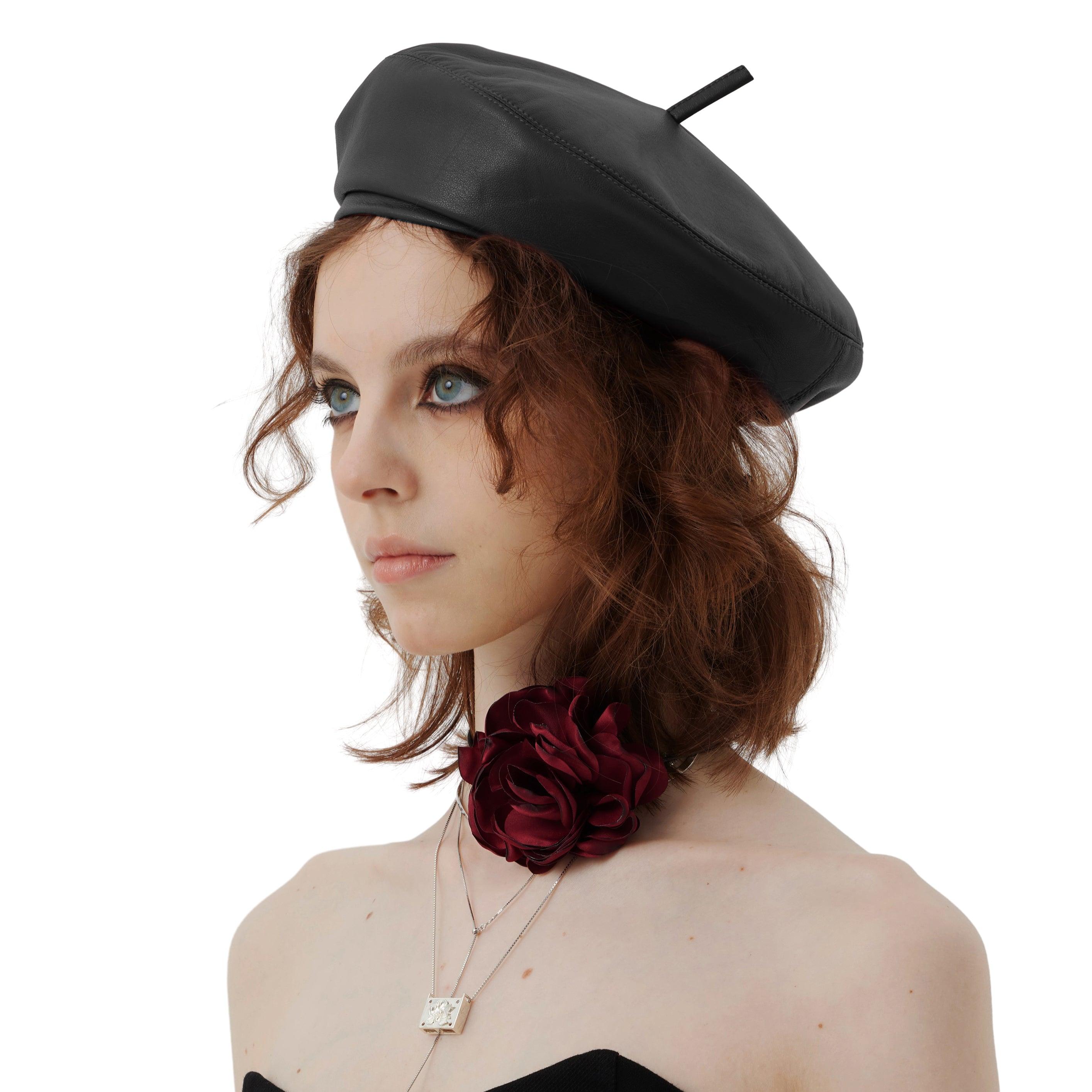 Wine Red/Black Leather Beret Hat - Uniqvibe