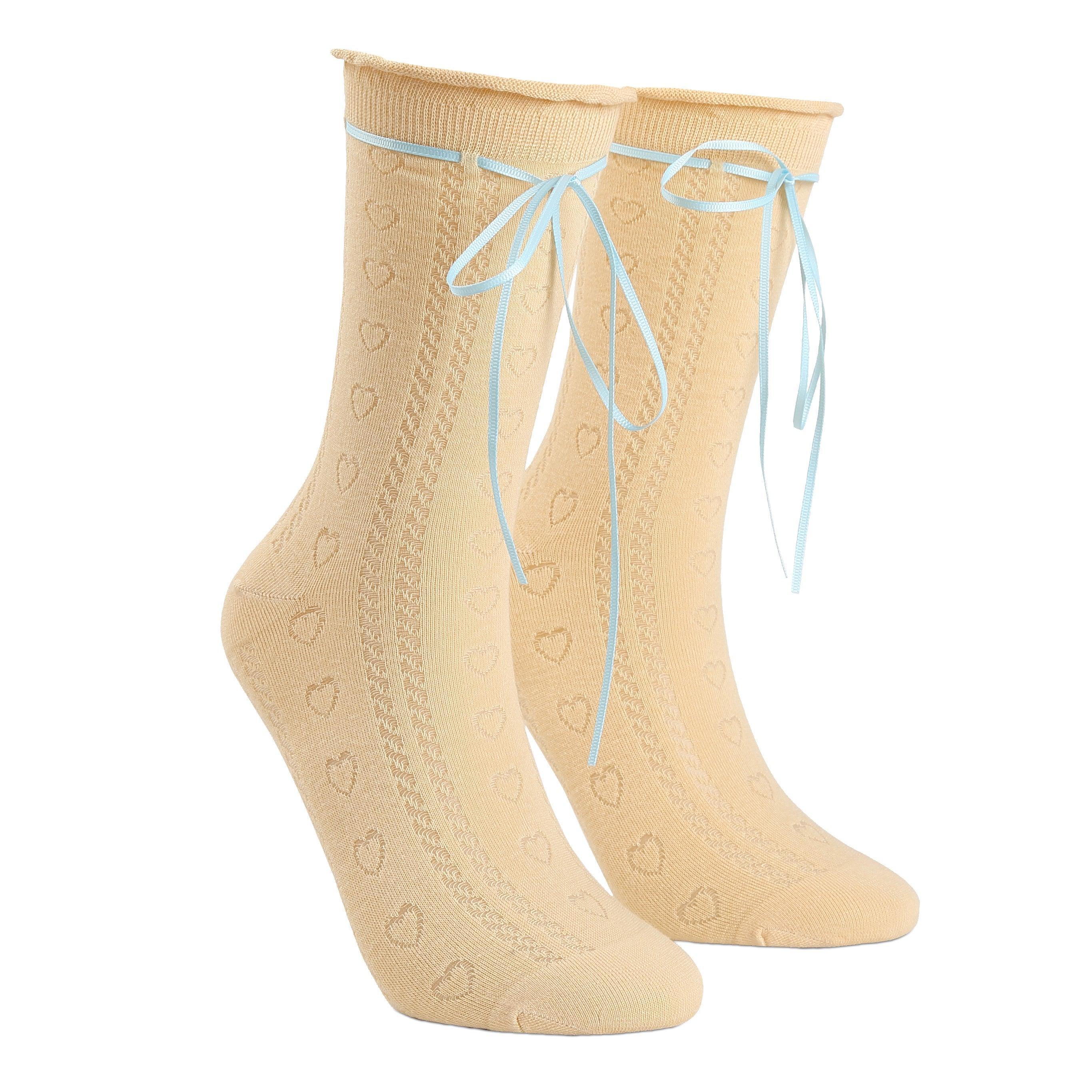 Yellow Heart Pattern Blue Tie Ballet Stretch Socks - Uniqvibe