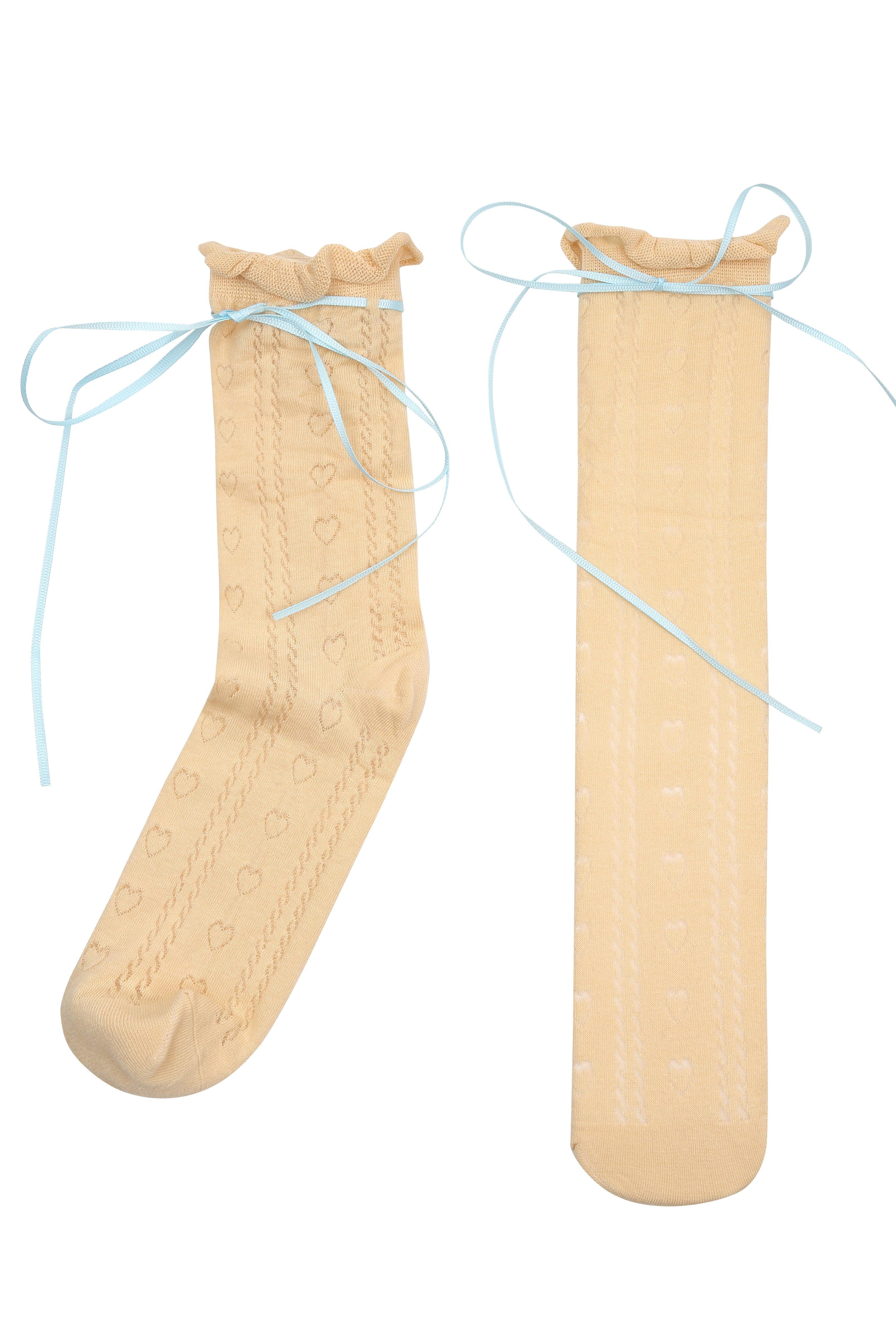 Yellow Heart Pattern Blue Tie Ballet Stretch Socks - Uniqvibe