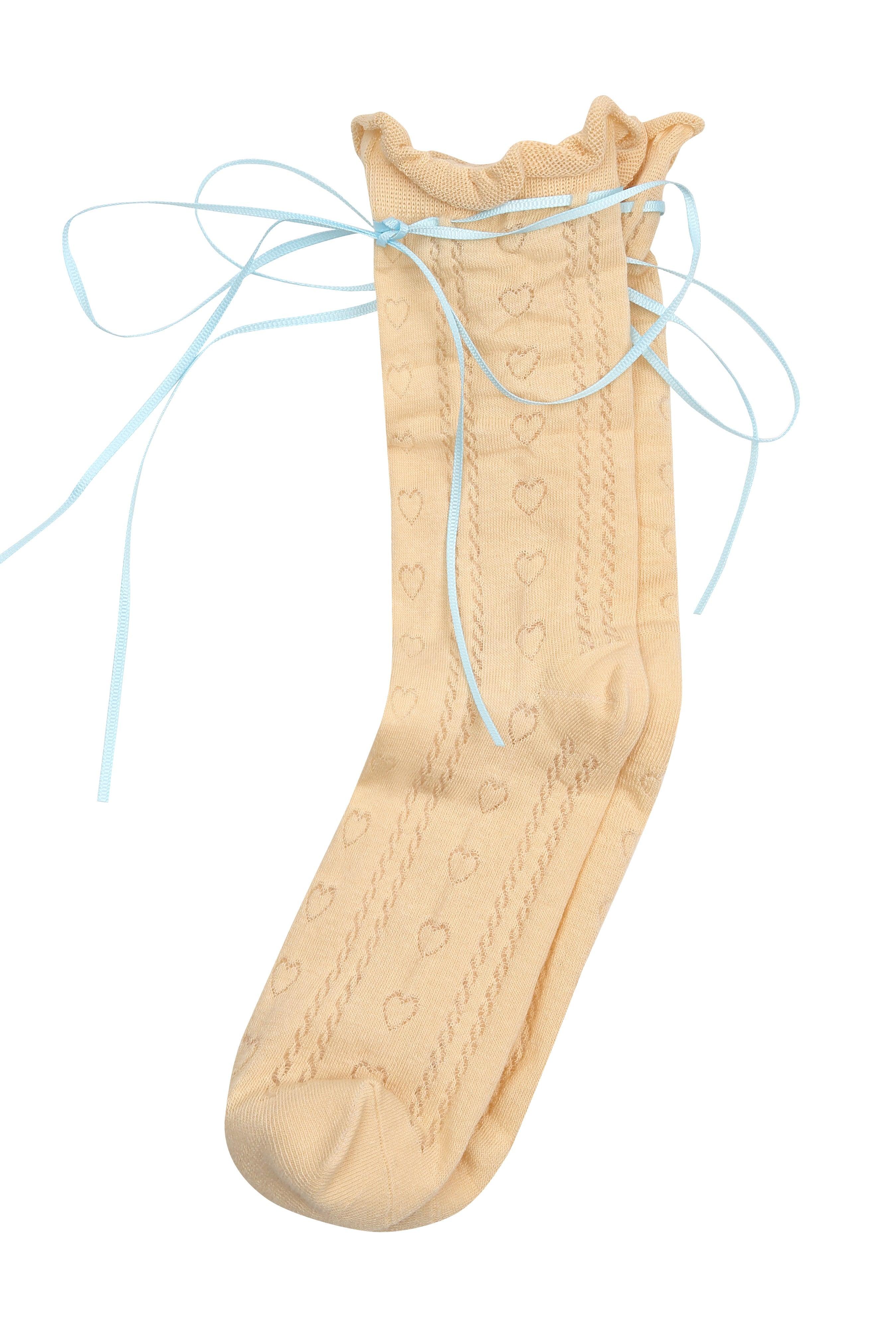 Yellow Heart Pattern Blue Tie Ballet Stretch Socks - Uniqvibe