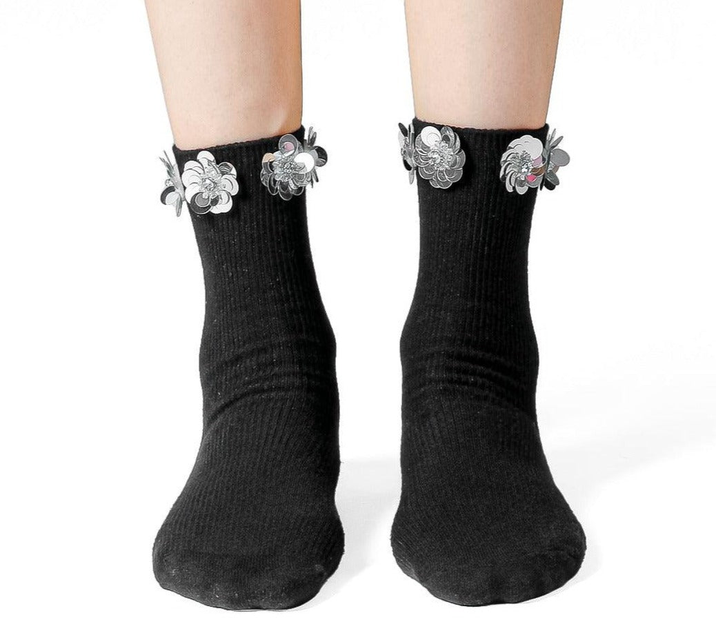 Zircon Silver Floral Sequin Black Cotton Short Socks - Uniqvibe