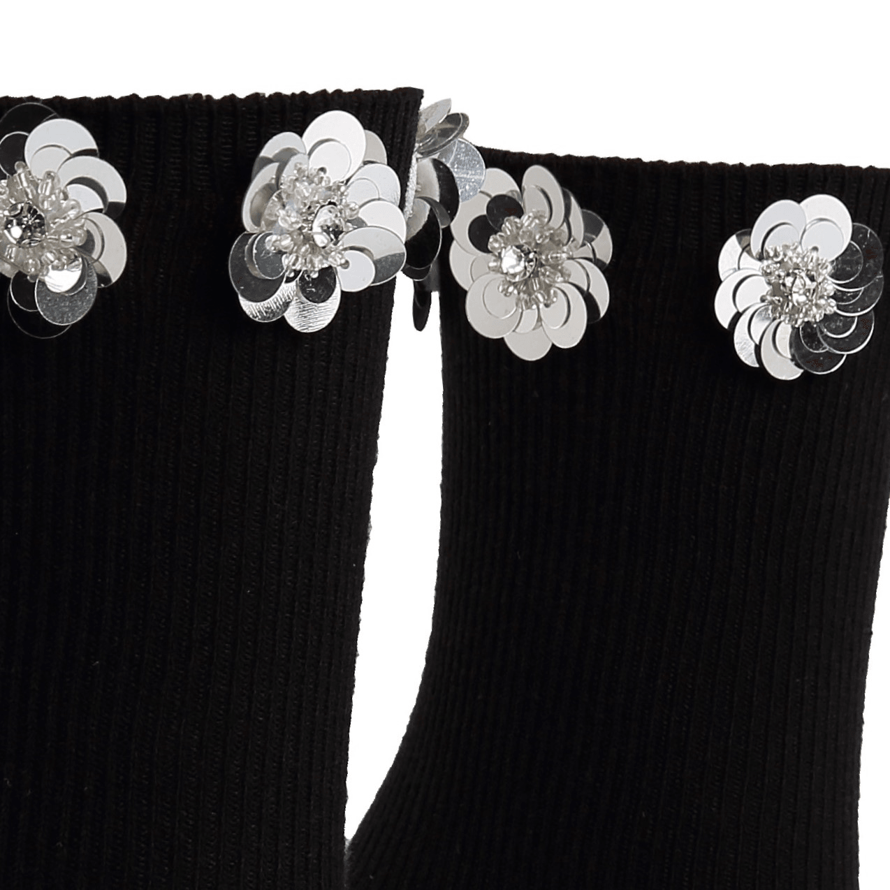 Zircon Silver Floral Sequin Black Cotton Short Socks - Uniqvibe
