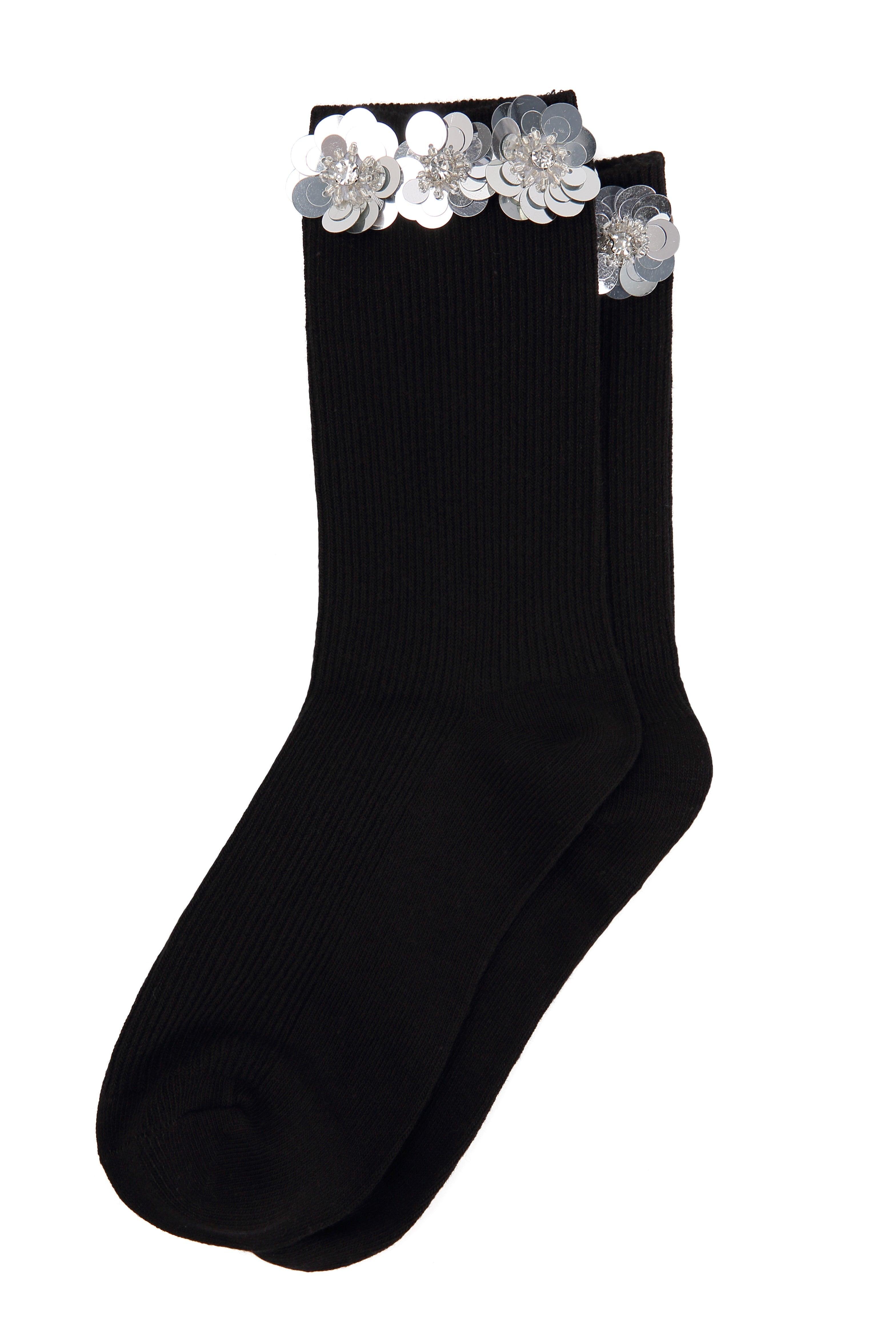 Zircon Silver Floral Sequin Black Cotton Short Socks - Uniqvibe