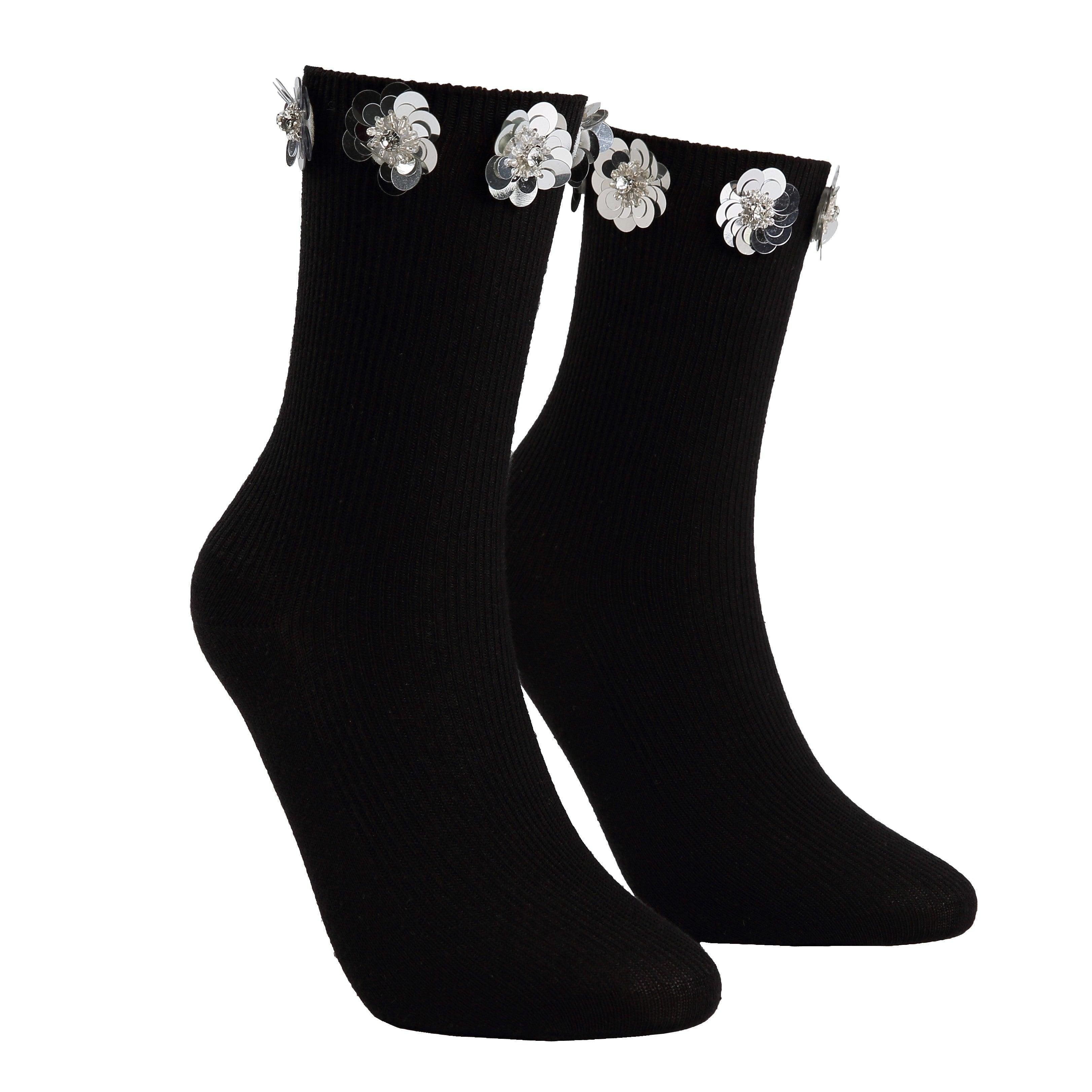 Zircon Silver Floral Sequin Black Cotton Short Socks - Uniqvibe