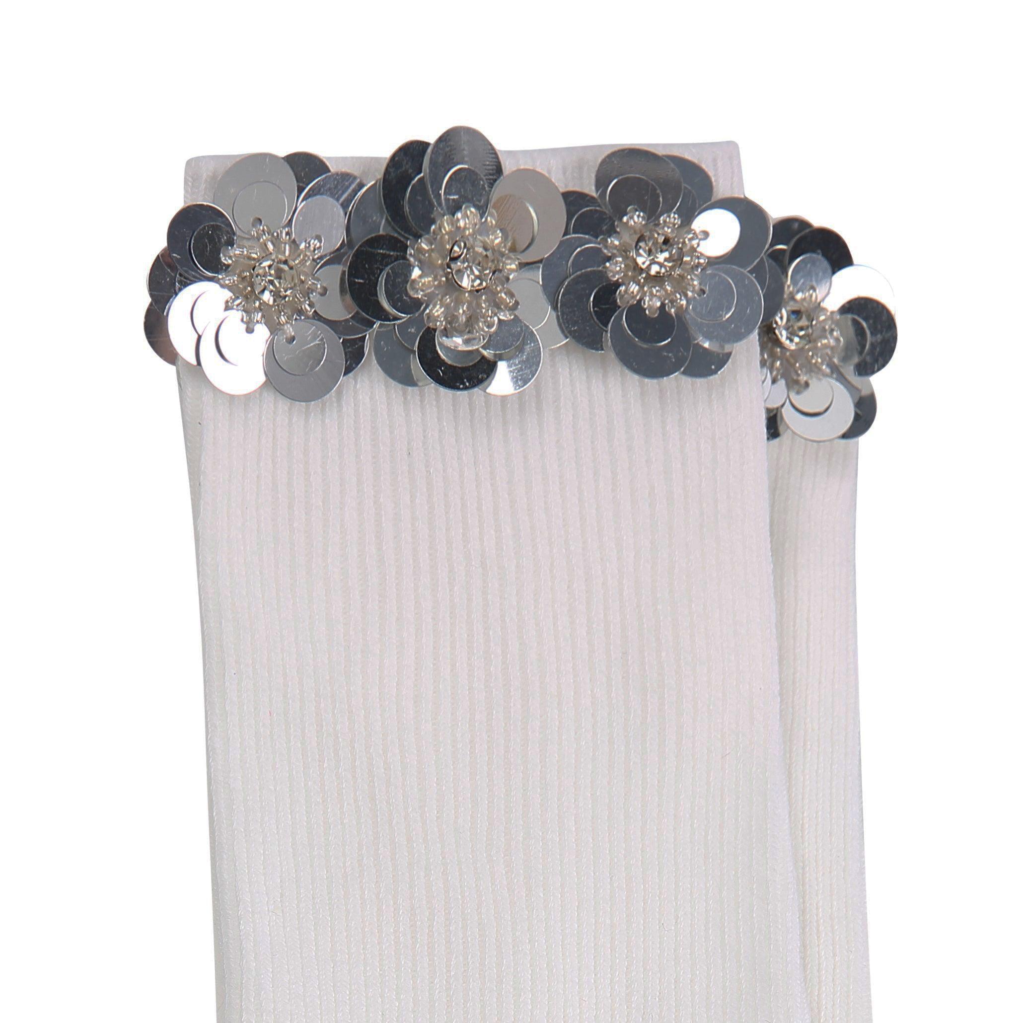 Zircon Silver Floral Sequin White Cotton Short Socks - Uniqvibe
