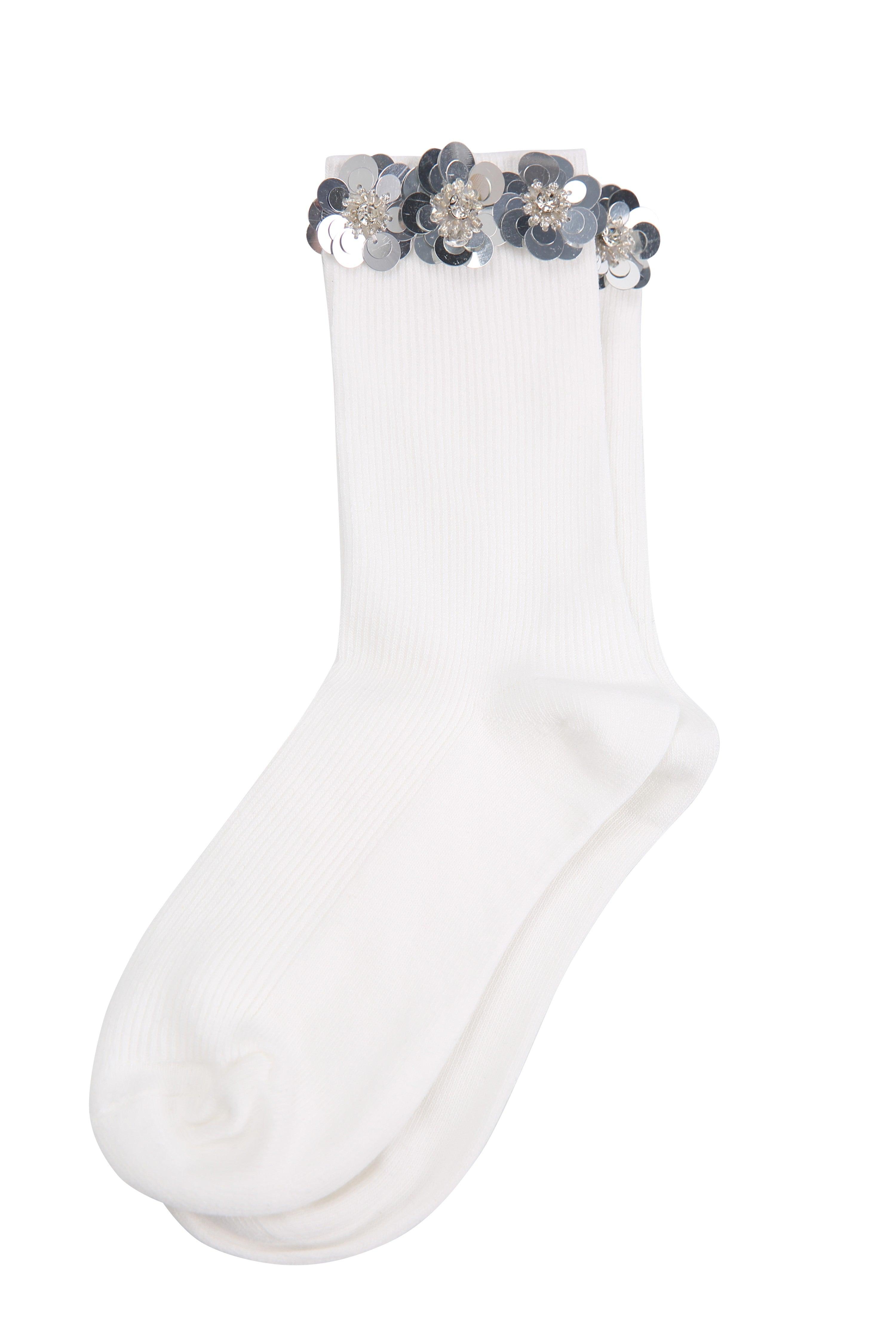 Zircon Silver Floral Sequin White Cotton Short Socks - Uniqvibe