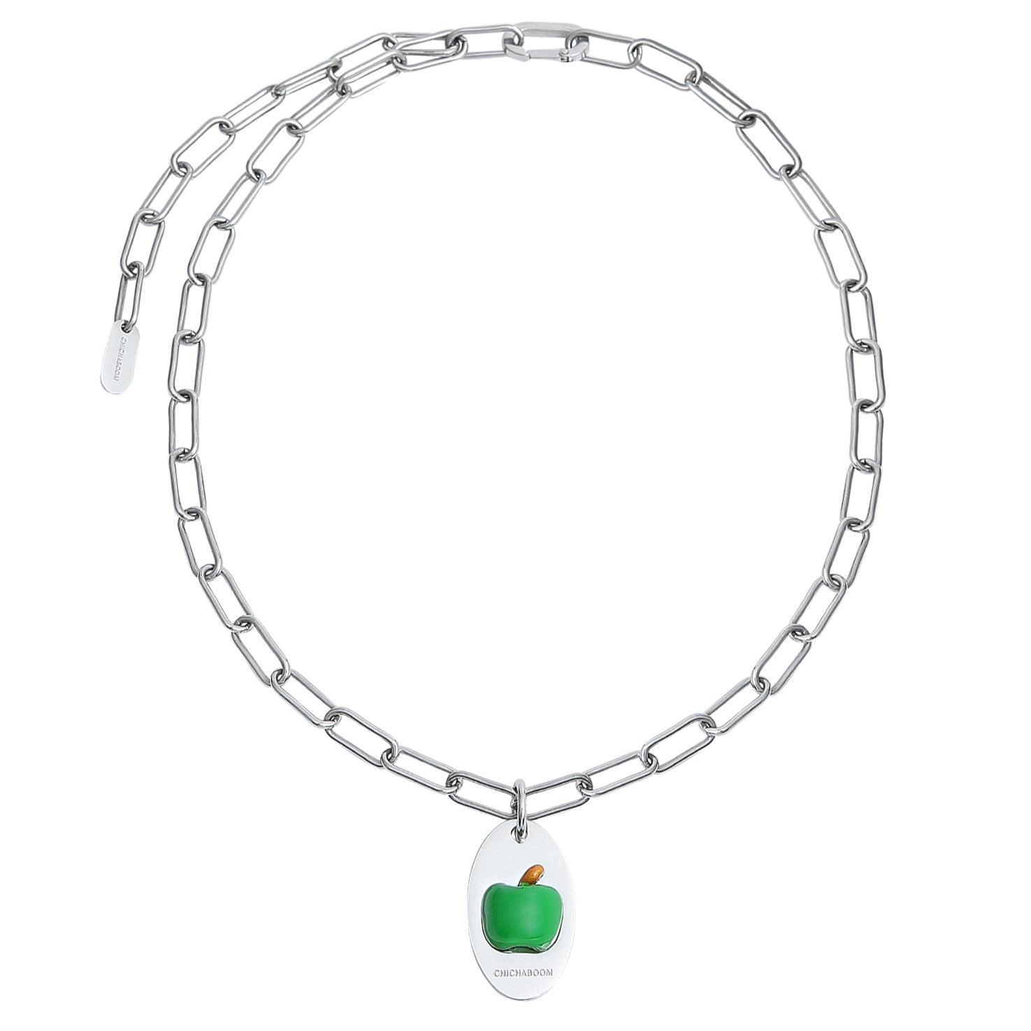 Enamel Green Apple Pendant Thick Chain Necklace - Uniqvibe