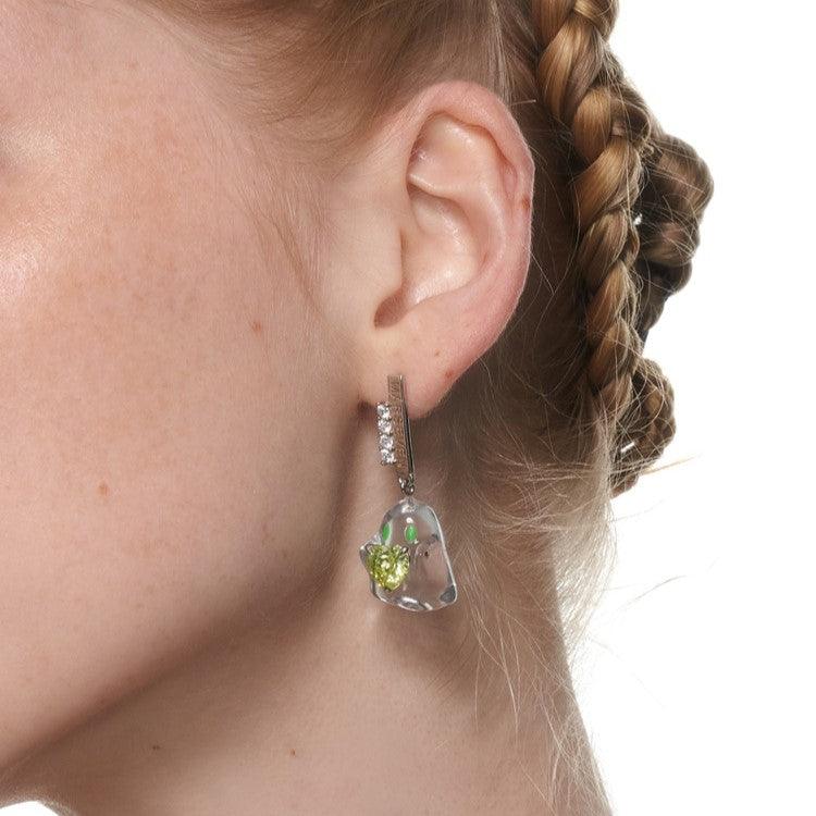 Green Crystal Heart Transparent Ghost Earrings/Ear Cuffs - Uniqvibe