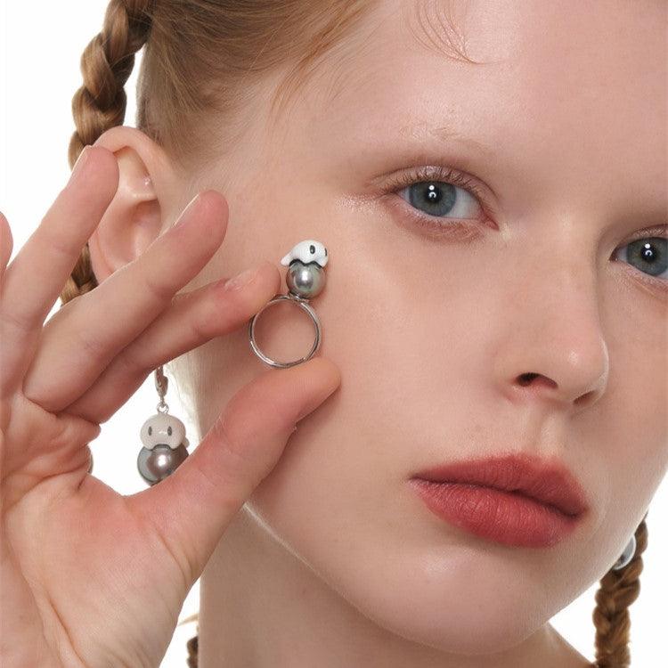 Grey Pearl Ghost Open Adjustable Ring - Uniqvibe