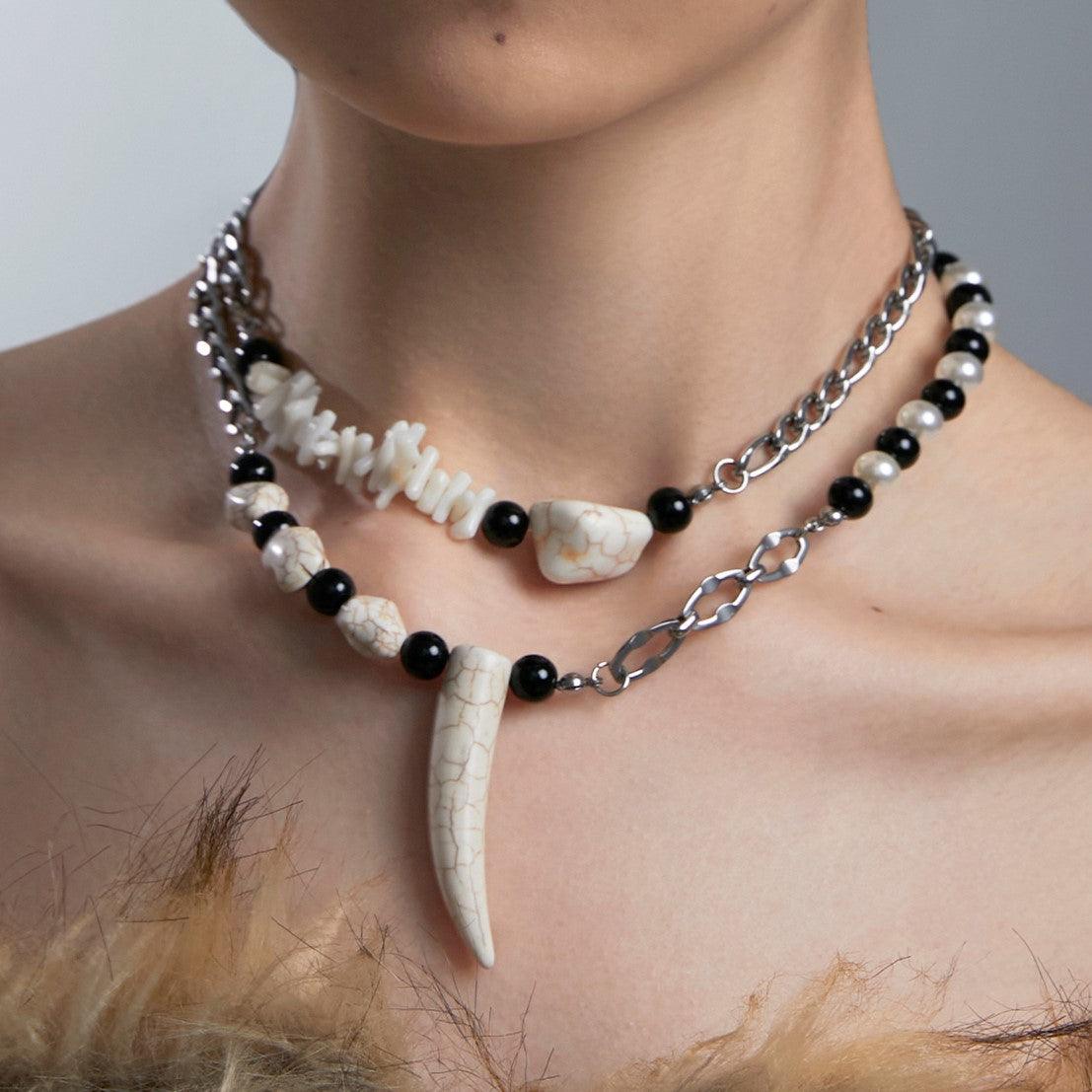 Long Tooth Stacked Pearl Pendant Necklace - Uniqvibe