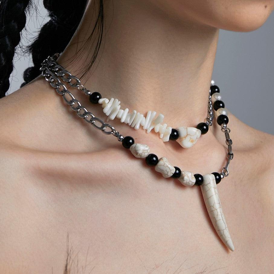 Long Tooth Stacked Pearl Pendant Necklace - Uniqvibe