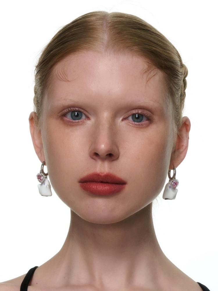 Pink Crystal Heart Enamel Ghost Earrings/Ear Cuffs - Uniqvibe