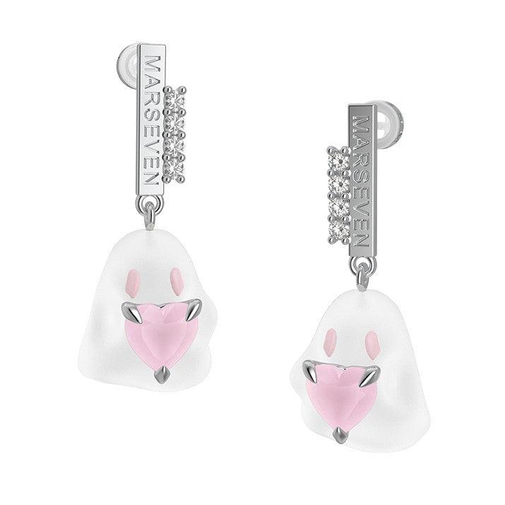 Pink Crystal Heart Frosted Ghost Earrings/Ear Cuffs - Uniqvibe