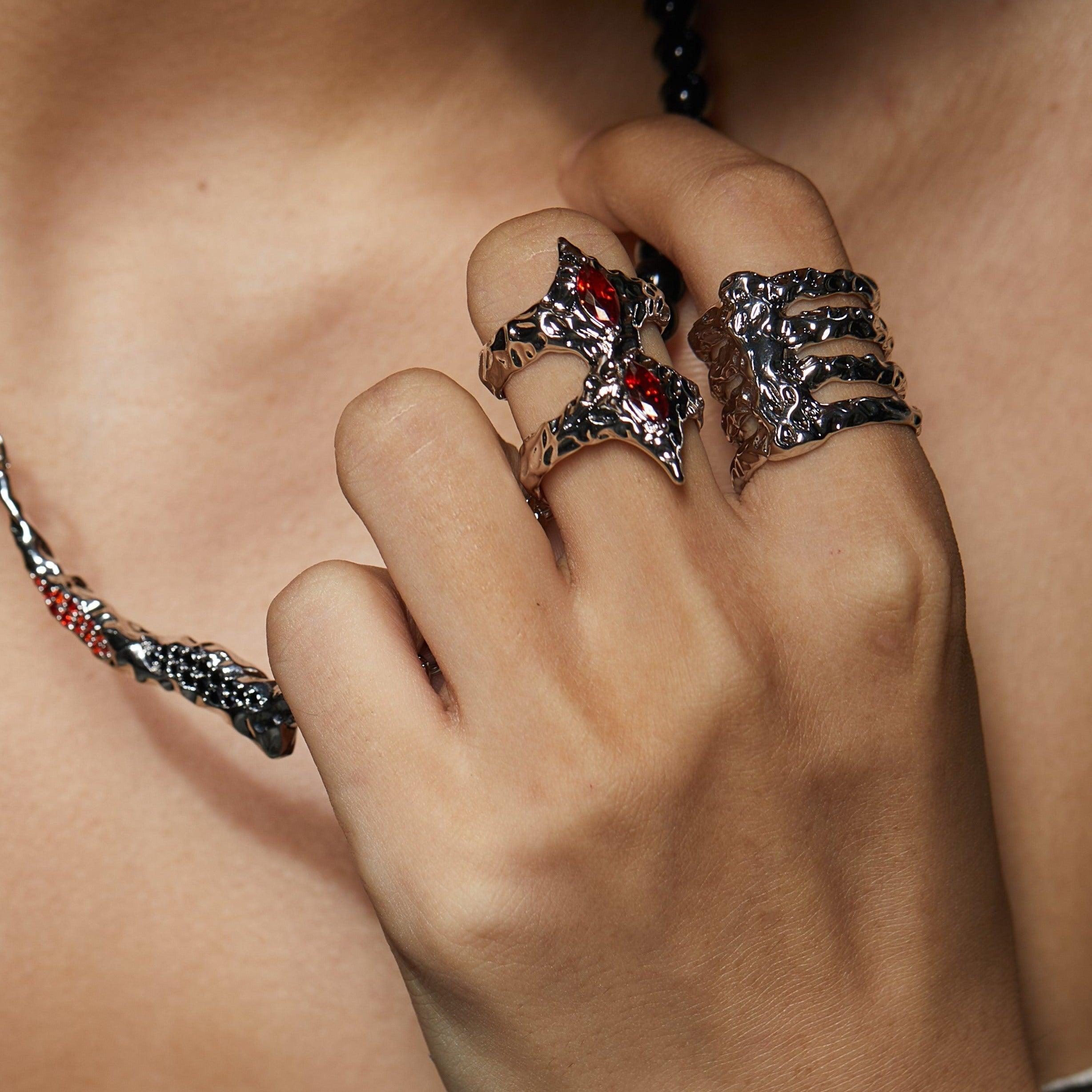 Red Zircon Rib Open Adjustable Ring - Uniqvibe