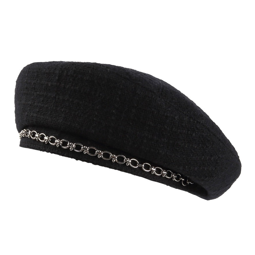 Wool Tweed Metal Chain Detail Beret Hats