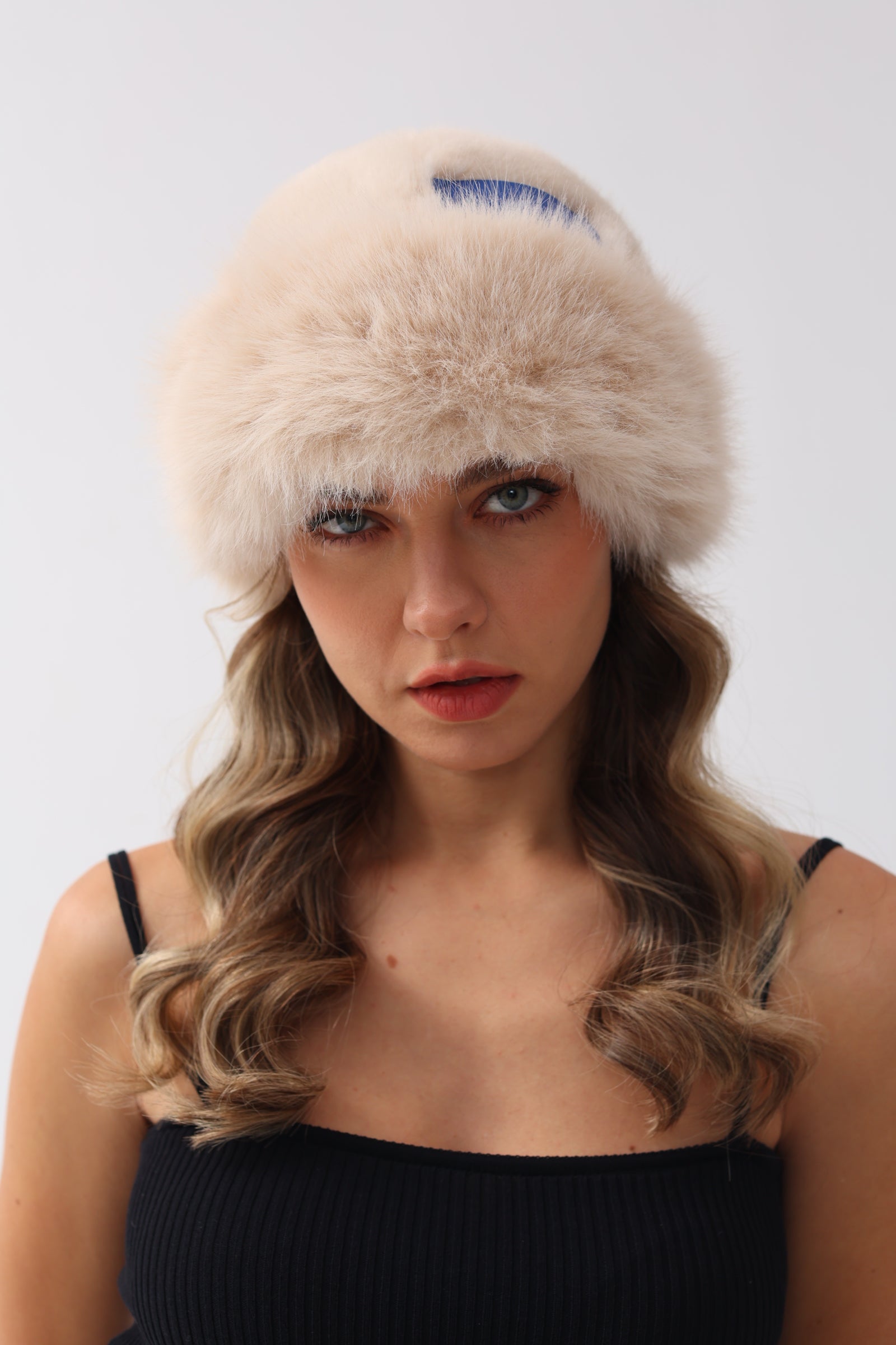 Faux Fur Premium Blue Leather Label Trimmed Winter Hat