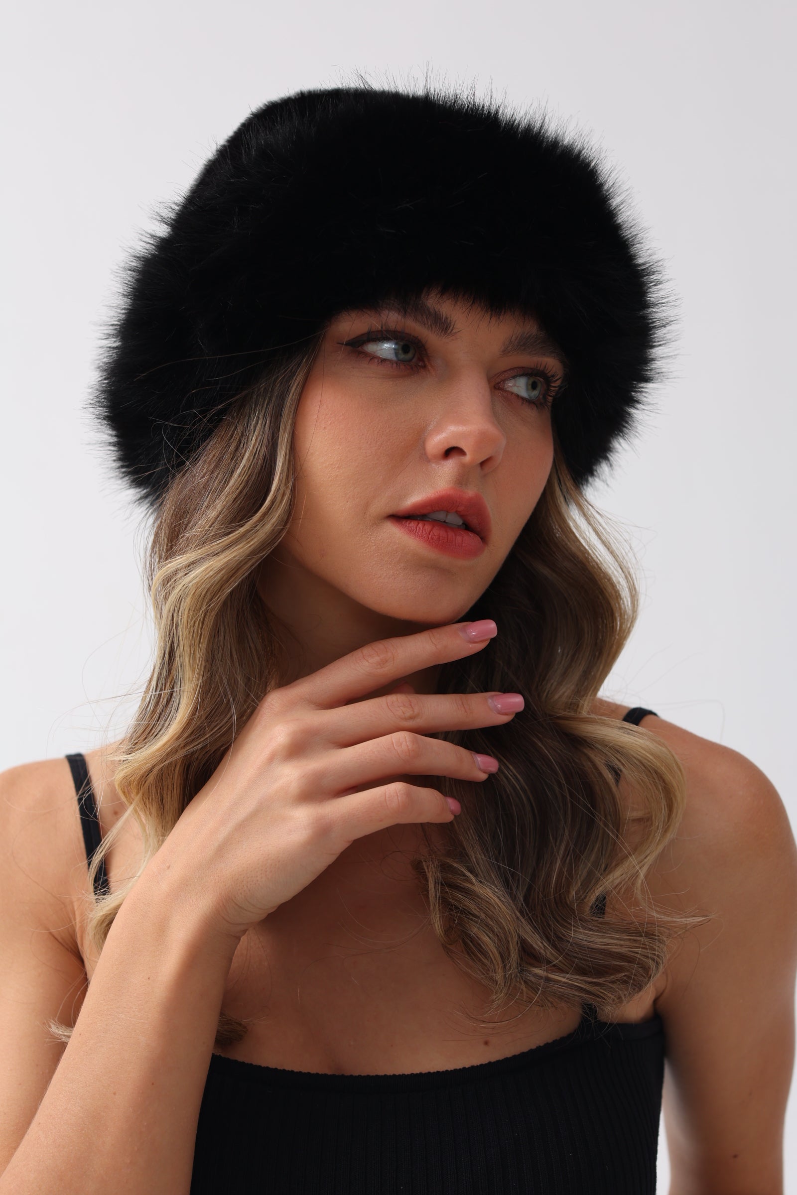 Faux Fur Premium Blue Leather Label Trimmed Winter Hat