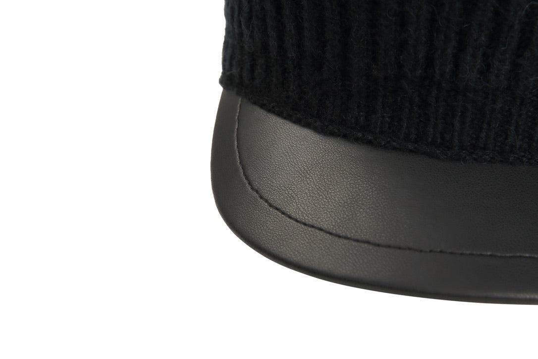 Black Wool Paneled Leather Baker Boy Cap