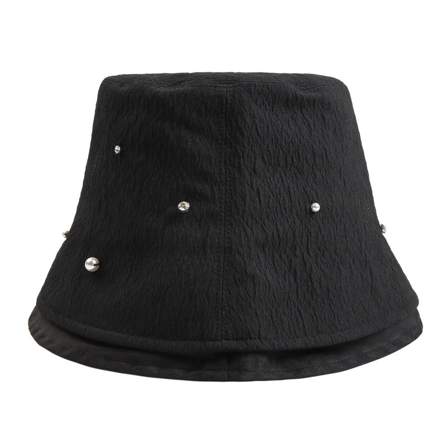 Pearl Crystal Embellished Pleated Fabrics and Tulle Black Bucket Hat