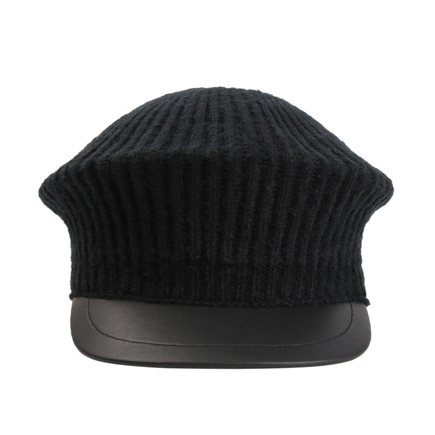 Black Wool Paneled Leather Baker Boy Cap