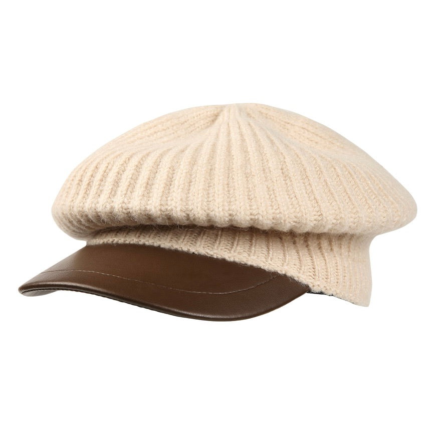 Beige Wool Paneled Brown Leather Baker Boy Cap
