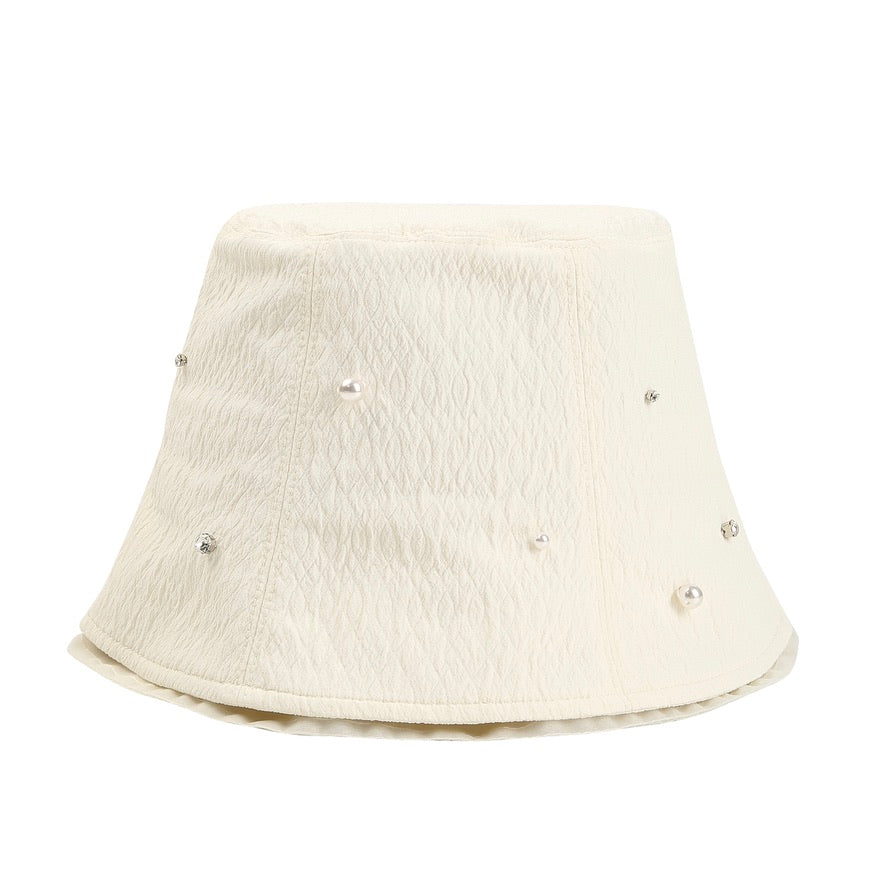 Pearl Crystal Embellished Pleated Fabrics and Tulle White Bucket Hat