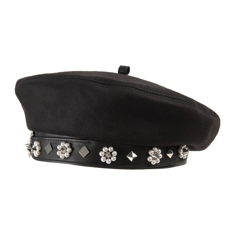 Pearl Beaded Flowers & Studs Paneled Leather Beret Hats