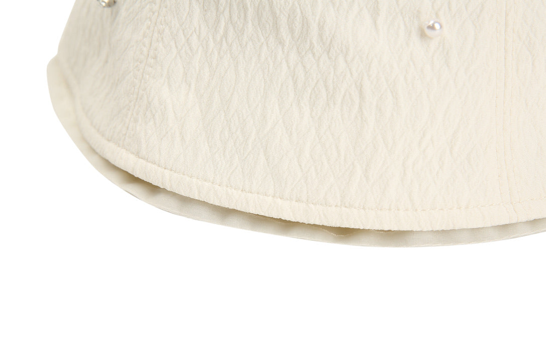 Pearl Crystal Embellished Pleated Fabrics and Tulle White Bucket Hat