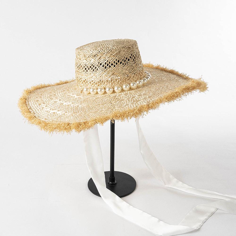Beige Pearl Sanding Strappy Beach Hat Straw Hat - Uniqvibe