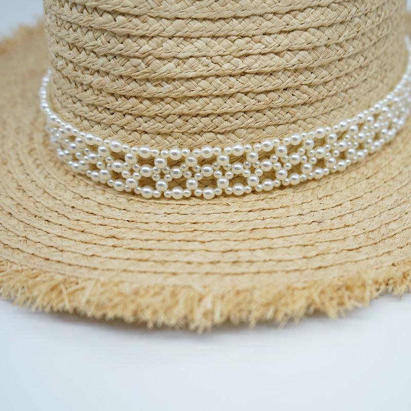 Beige/Black Pearl Beach Hat Straw Bucket Hat - Uniqvibe