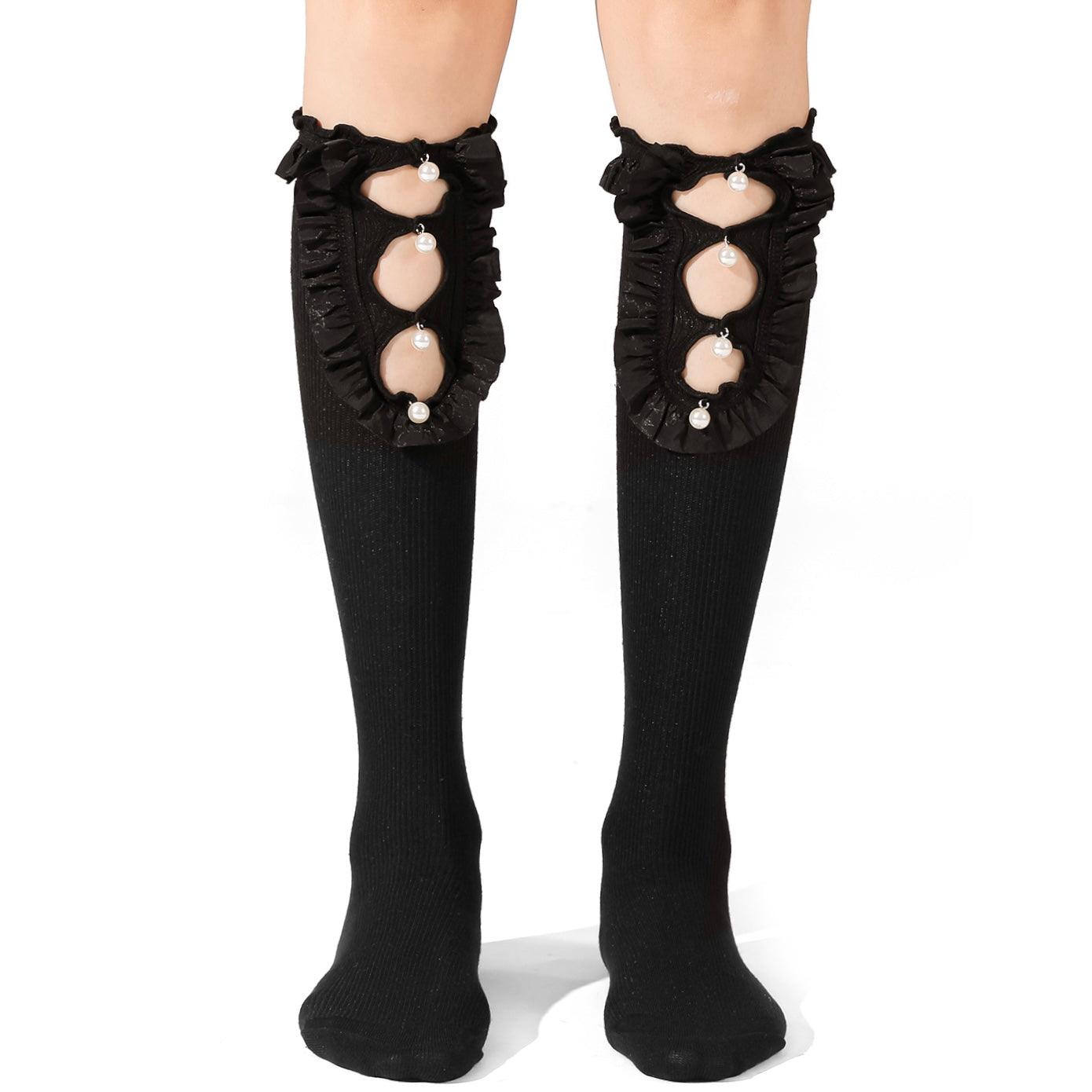 Black Cutout Pearl Cotton Knee High Long Socks - Uniqvibe