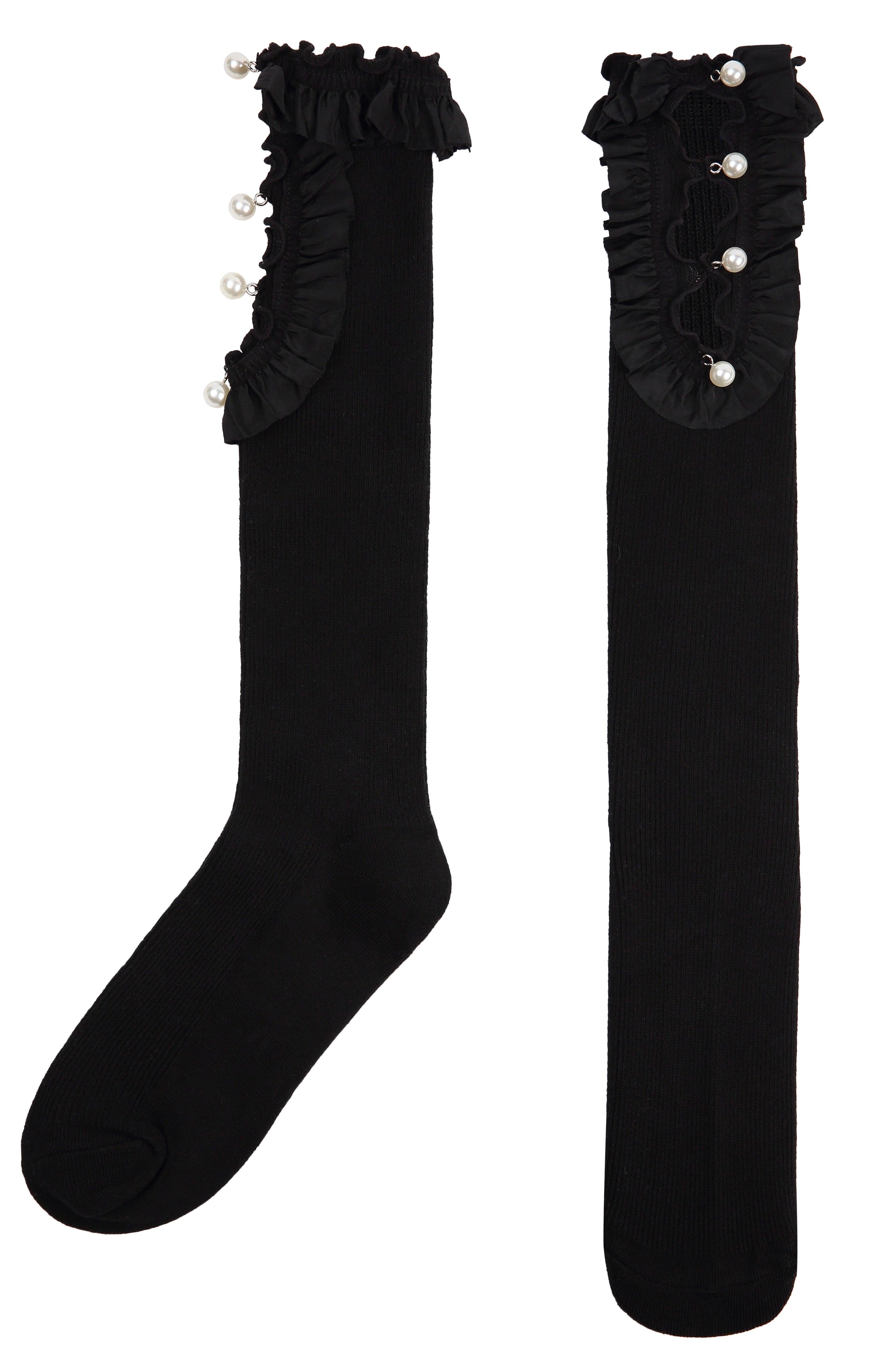 Black Cutout Pearl Cotton Knee High Long Socks - Uniqvibe