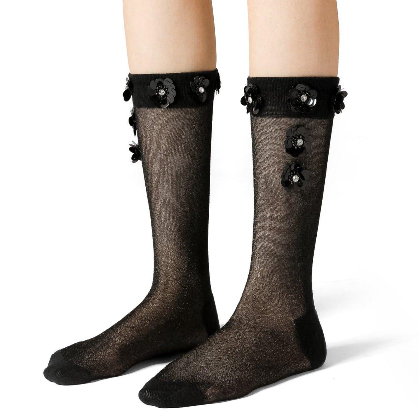 Black Sequined Floral Stretch Tulle Long Socks - Uniqvibe