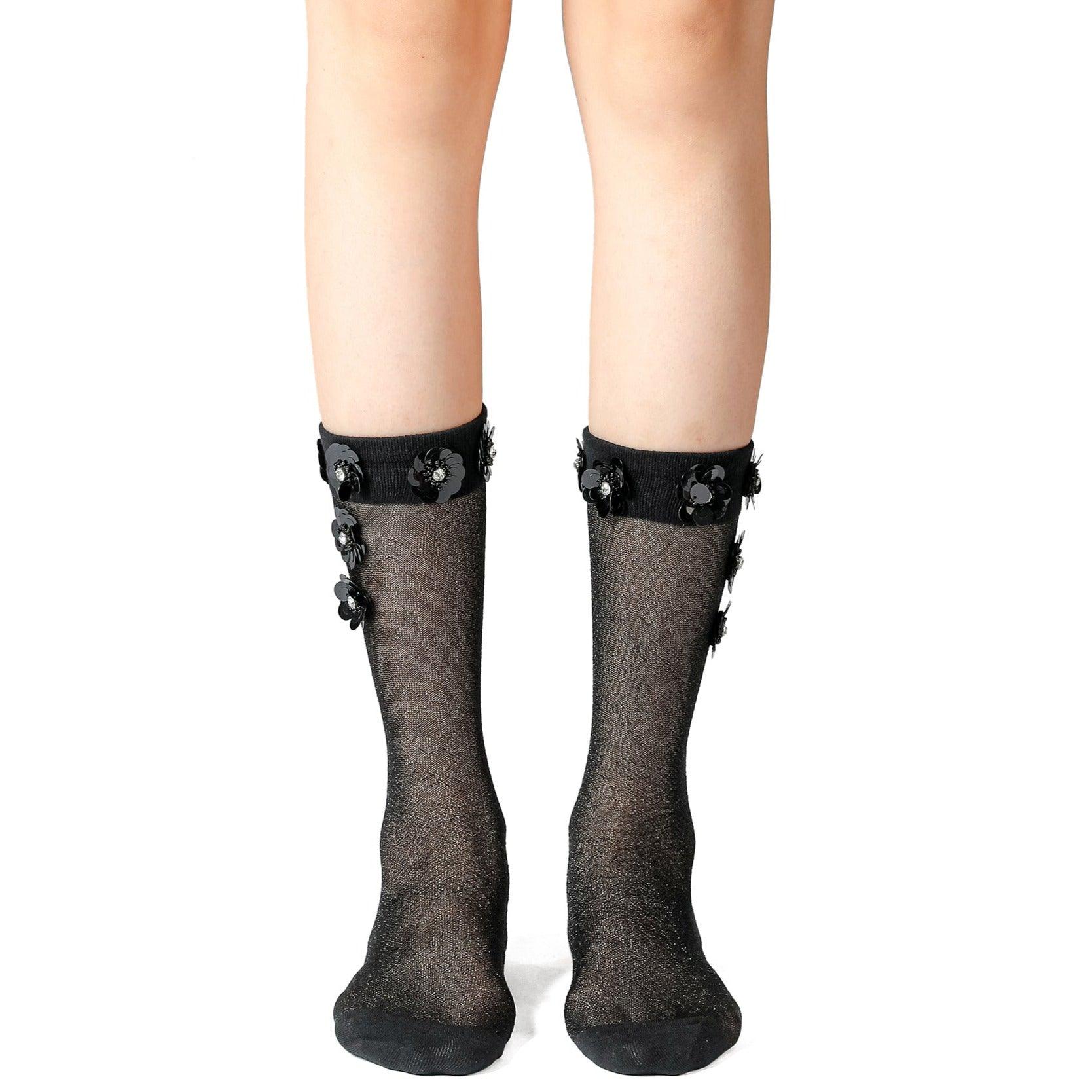 Black Sequined Floral Stretch Tulle Long Socks - Uniqvibe