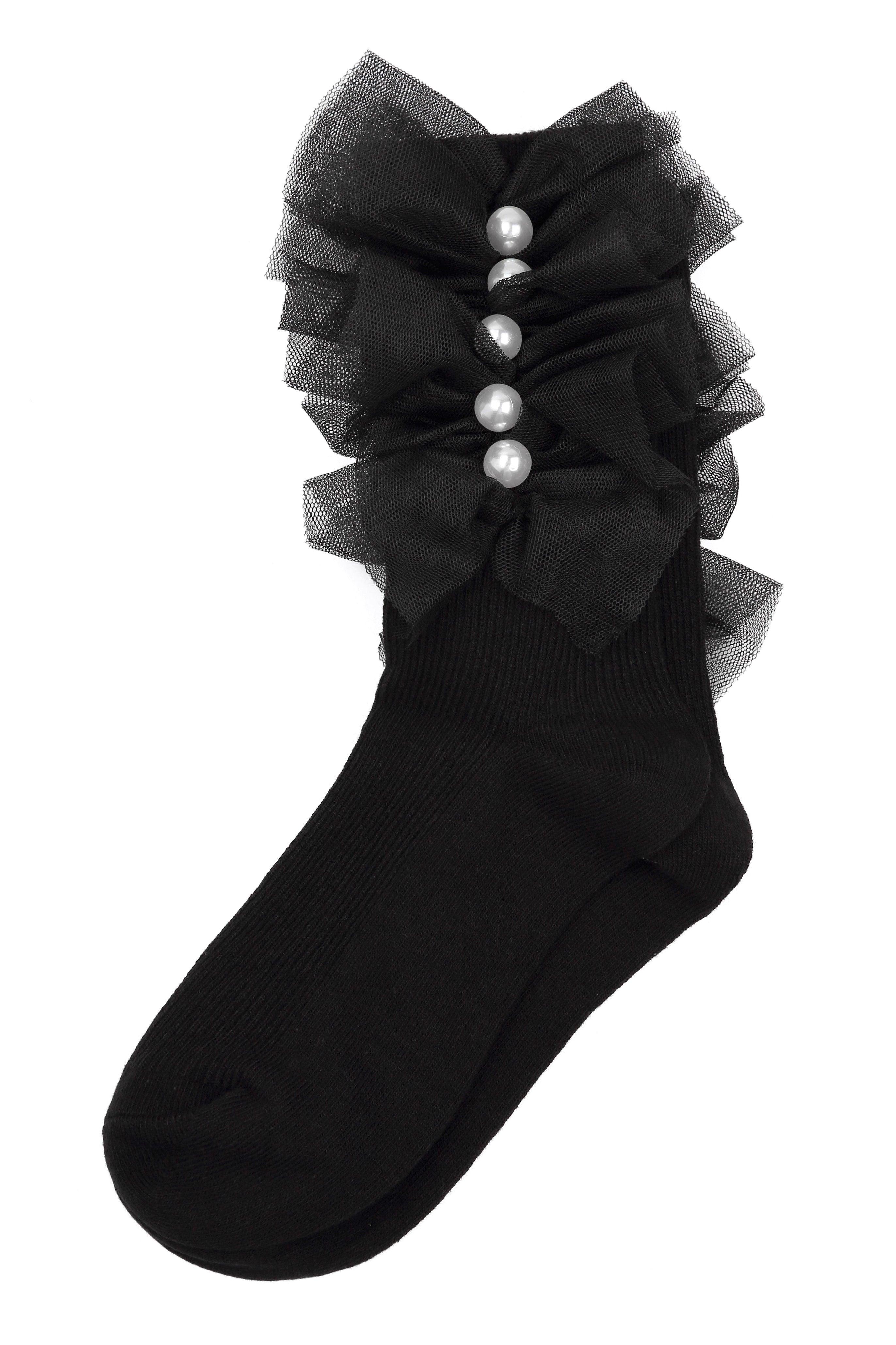 Black Tulle Crinkled Pearl Cotton Short Socks - Uniqvibe