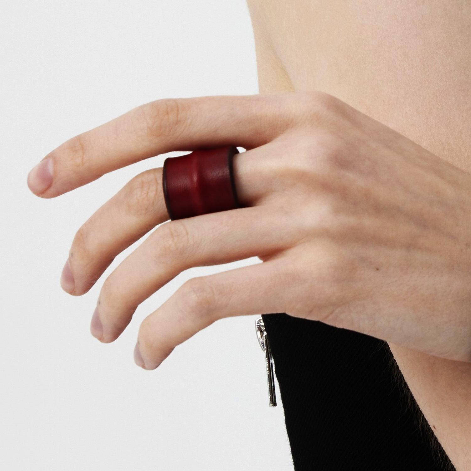 Black/Red Leather Adjustable Ring - Uniqvibe
