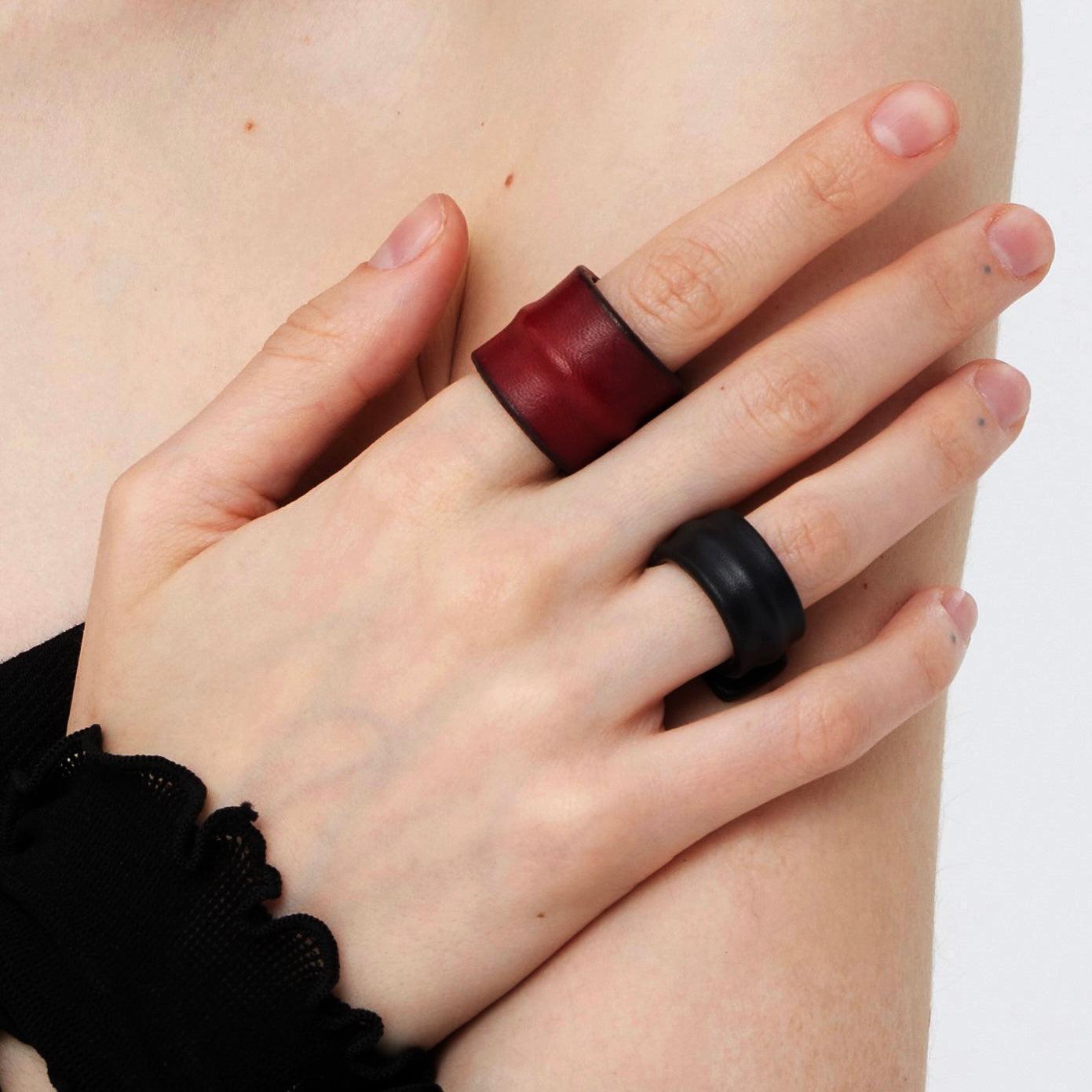 Black/Red Leather Adjustable Ring - Uniqvibe