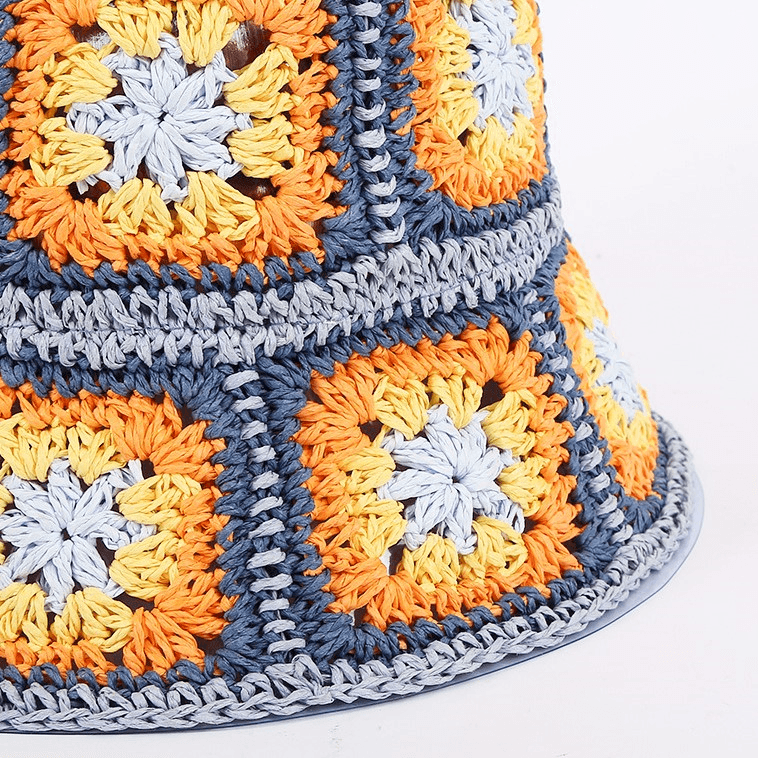 Blue And Orange Flower Straw Beach Bucket Hat - Uniqvibe